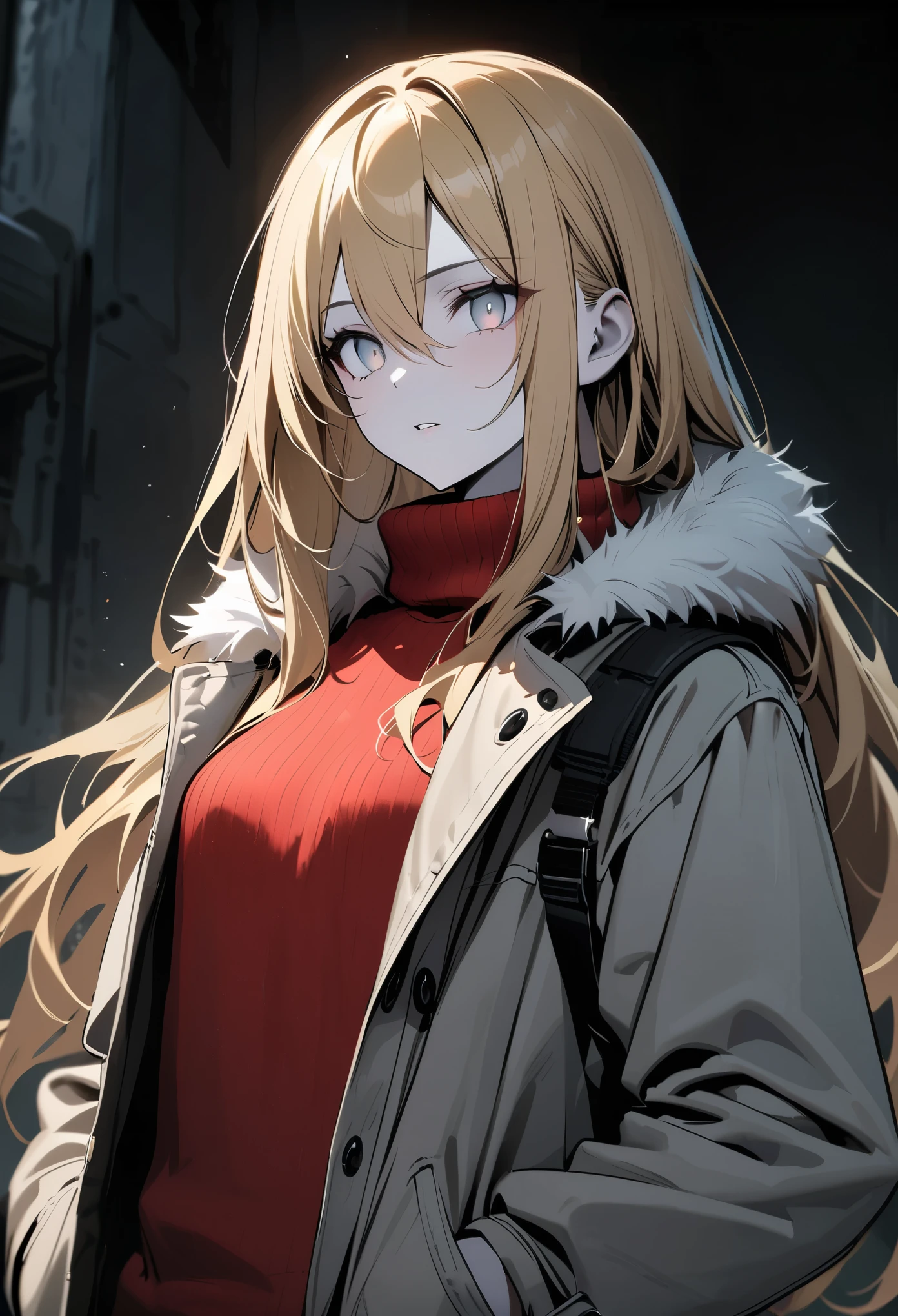 detailed, (masterpiece:1.2), (pale_skin:1.2), (solo:1.2), (female), slender, (glowing_eyes), long hair, bangs, blonde hair, long sleeves, hair between eyes, jacket, upper body, parted lips, open clothes, sweater, open jacket, coat, grey eyes, fur trim, turtleneck, fur collar, hand in pocket, open coat, turtleneck sweater, fur-trimmed jacket, red sweater