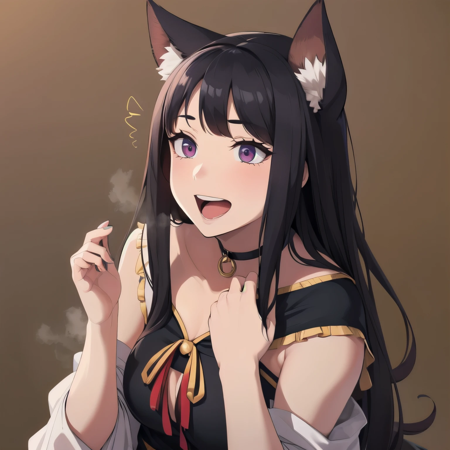Masterpice, 1girl, Cat ears, blue sky, black hair,   Long hair, detail hair, blue light eyes, Kimono clothing, Japanese clothing, beautiful girl, cute, perfect face shape, clear blue sky, detail body, HD, eating candy, looking at viewer, 