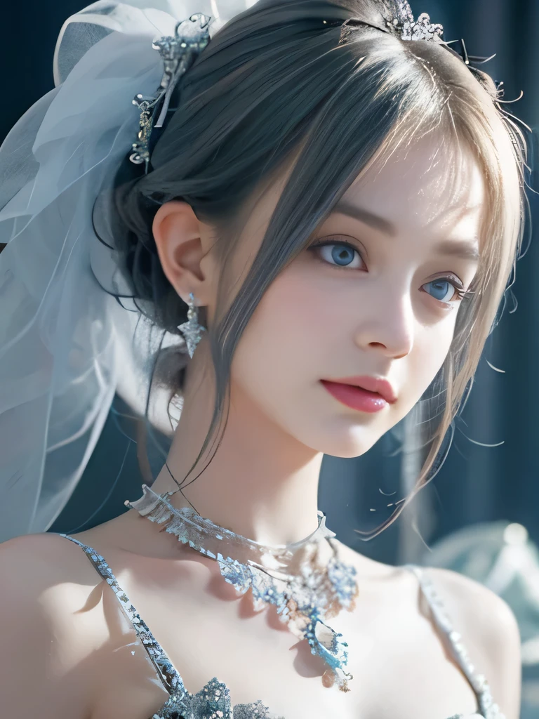 ４K、she is a wind fairy、angel wings on the back、blue eyes、Dress that shows your collarbones、blue sky background、close up of face、gray hair、big feathers、Blue and white background、platinum decoration、platinum earrings、platinum necklace、Platinum Silver Hair、platinum silver eyebrows、flashy decoration、ponytail、white and blue、smile、clear white skin、well-groomed face、gray hairと眉毛、Wedding dress、