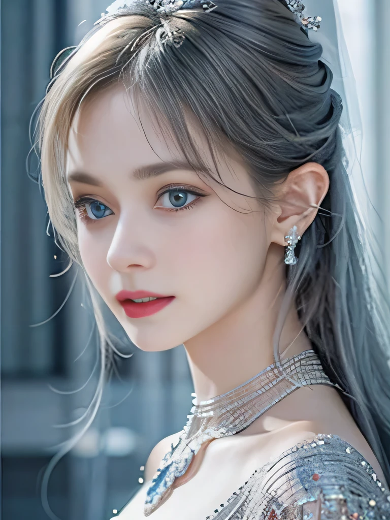 4K、she is a wind fairy、angel wings on the back、blue eyes、Dress that shows your collarbones、blue sky background、close up of face、gray hair、big feathers、Blue and white background、platinum decoration、platinum earrings、platinum necklace、Platinum Silver Hair、platinum silver eyebrows、flashy decoration、ponytail、white and blue、smile、clear white skin、well-groomed face、gray hairと眉毛、Wedding dress、