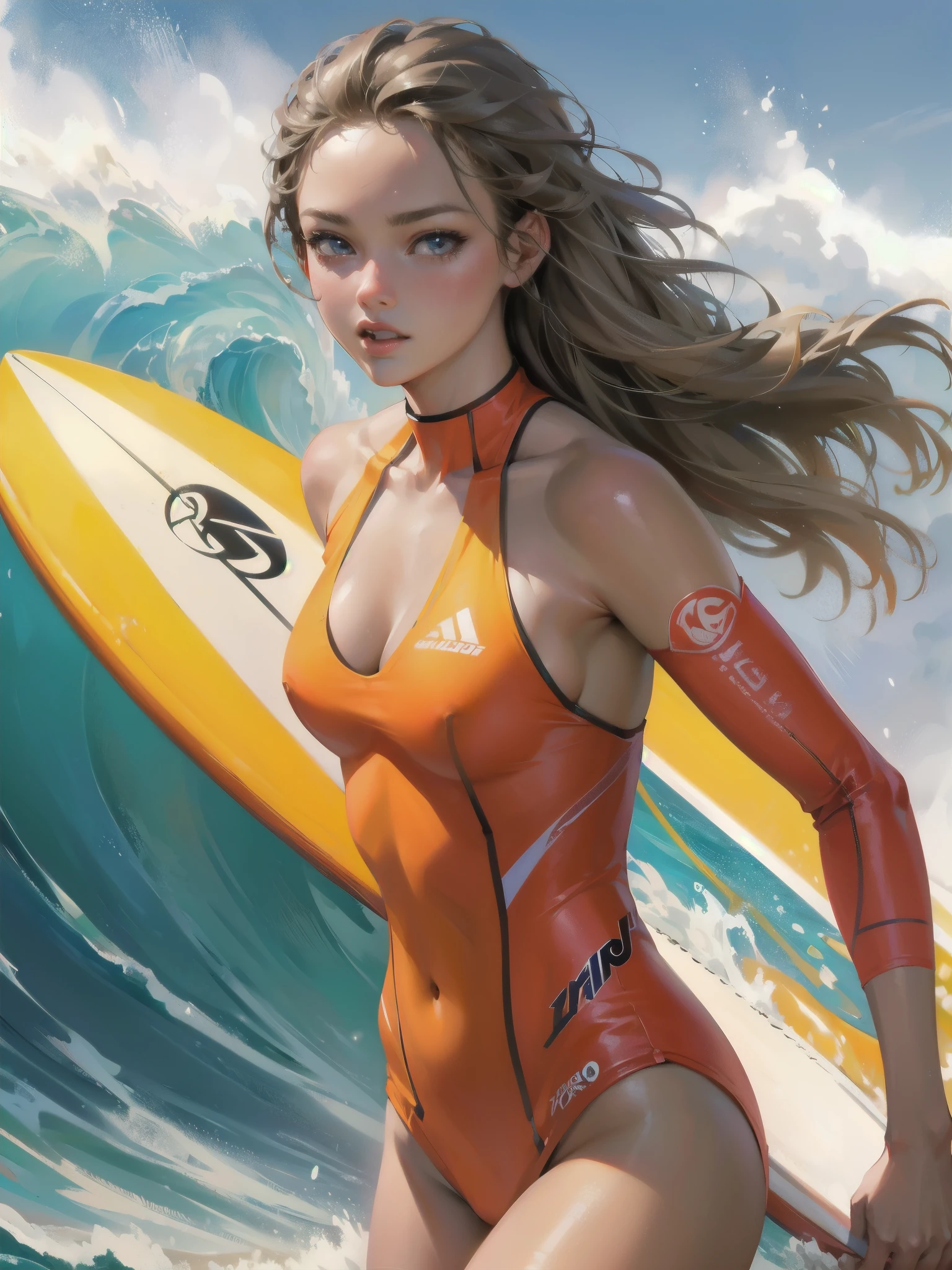 high quality,HD,16k,sharp lines,1 girl,Female surfing athlete ,cute face, large breasts, nice legs,At the surfing venue,focus girl,detailed beautiful face,detailed clothes,beautiful eyes,cool,dynamic angle