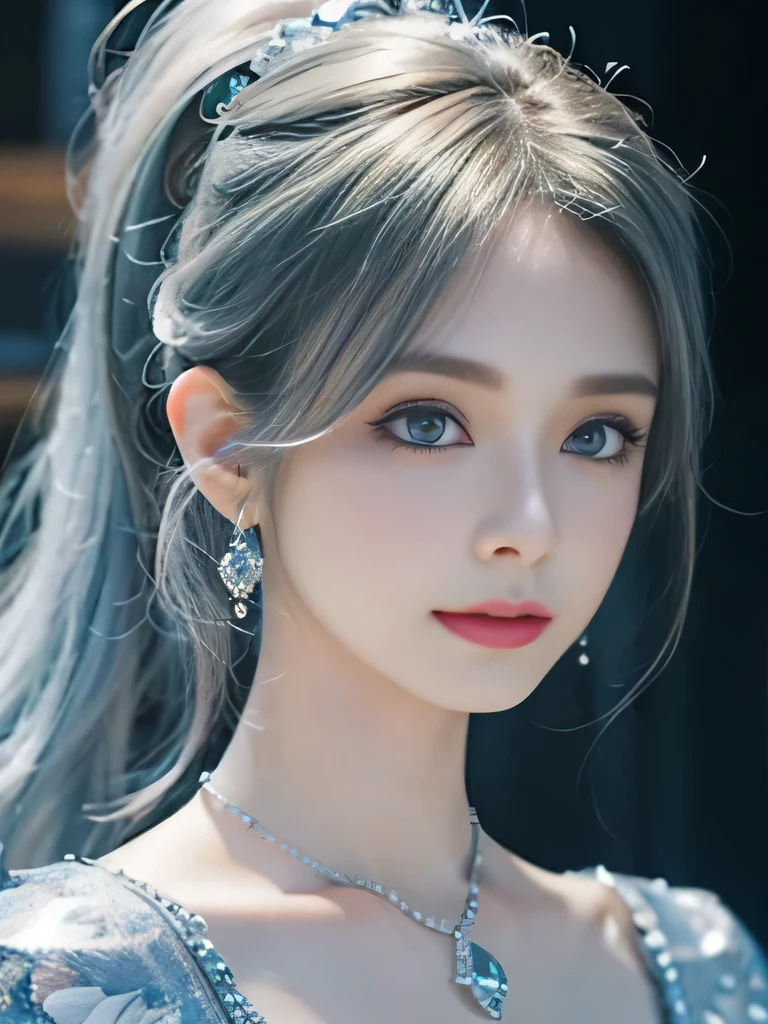 4K、she is a wind fairy、angel wings on the back、blue eyes、Dress that shows your collarbones、blue sky background、close up of face、gray hair、big feathers、Blue and white background、platinum decoration、platinum earrings、platinum necklace、Platinum Silver Hair、platinum silver eyebrows、flashy decoration、ponytail、white and blue、smile、clear white skin、well-groomed face、gray hairと眉毛、Wedding dress、