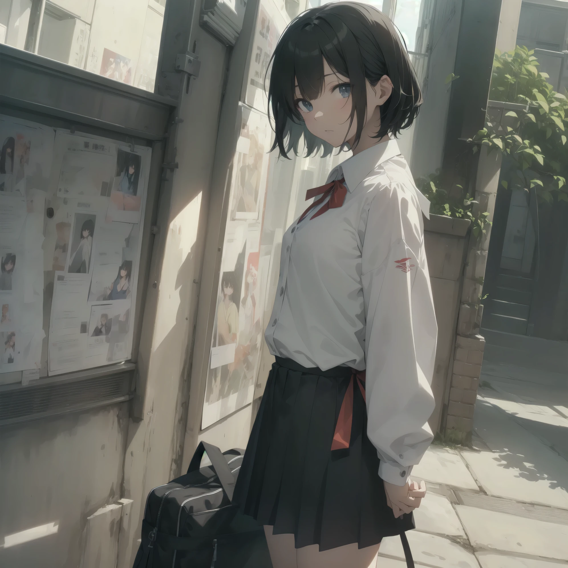 Super Absurd - Top Quality from the God of Art, Super detailed, High resolution, anime moe art style, cute girl portrait, best anime 8K konachan wallpaper, Pixiv contest winners, perfect anatomy,break, (眠そうにalone学校へ行く女の子を描いてください. )break,1 girl, (alone,little woman, :1.3),All limbs, full finger,, The charm of an immature body, (very_short hair), shortcut, Bang, flat chest, , small ass, between legs, small black eyes, detailed and beautiful eyes, Well-proportioned iris and pupils, expressive eyes, High resolutionの詳細な髪, yawn, neck ribbon, shirt, collared shirt, skirt, pleated skirt, , (detailed lighting), (detailed background), On the way to school. break,super dense skin, Best cinematic lighting powered by famous artist, 8K,Beauty Illustration,photoshop_(Moderate),Absurd Hi-Res,UHD,rough skin,break,((artist:imigimuru)), artist:mifuru,artist:shinkai makoto,artist:sekiya asami,