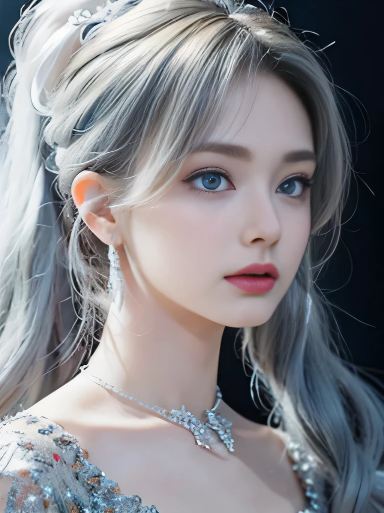 4K、she is a wind fairy、angel wings on the back、blue eyes、Dress that shows your collarbones、blue sky background、close up of face、gray hair、big feathers、Blue and white background、platinum decoration、platinum earrings、platinum necklace、Platinum Silver Hair、platinum silver eyebrows、flashy decoration、ponytail、white and blue、smile、clear white skin、well-groomed face、gray hairと眉毛、Wedding dress、