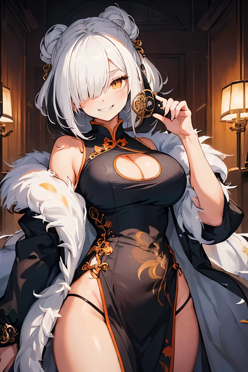 (best quality:1.3), (masterpiece:1.3), (illustration:1.3), (ultra-detailed:1.3), ((Best quality)), 1girl, black chinese dress, (((white hair))), orange eyes, large breasts, looking at viewer, evil smile, grin, solo, tied hair, hair over one eye, pelvic curtain, tied hair, fur-trimmed coat, indoors, voluptuous, tall, mature female,