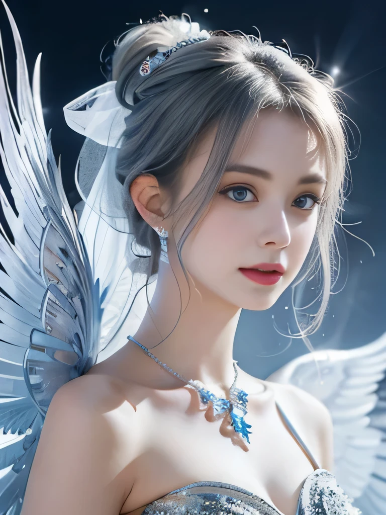 ４K、she is a wind fairy、angel wings on the back、blue eyes、Dress that shows your collarbones、blue sky background、close up of face、gray hair、big feathers、Blue and white background、platinum decoration、platinum earrings、platinum necklace、Platinum Silver Hair、platinum silver eyebrows、flashy decoration、ponytail、white and blue、smile、clear white skin、well-groomed face、gray hairと眉毛、Wedding dress、