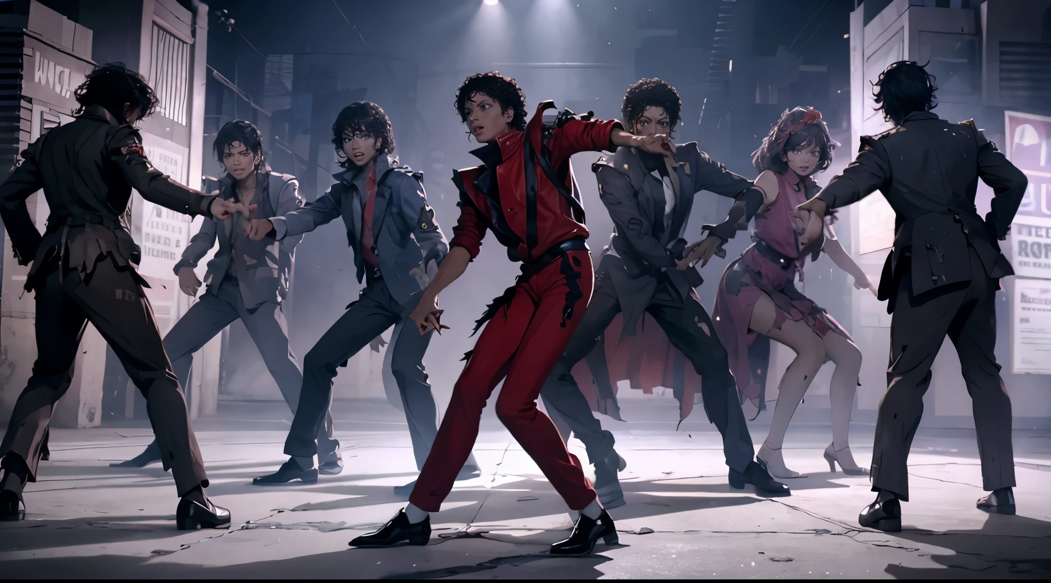 mjthriller surrouded by zombies, dancing King of POP, epic, uniform overall dance in back, mjthriller pointing fingers at viewer