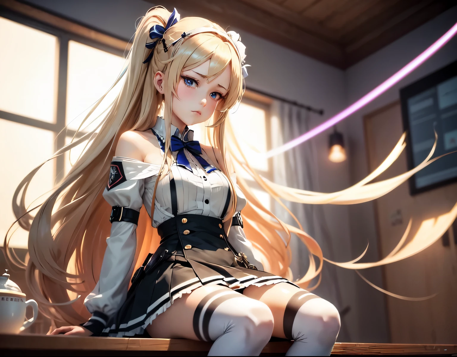 anime girl with long blonde hair, Glacia, Girl, blue eyes, Beauty, Sitting, looking down on others, Whip, hair accessories, mini skirt with striped background, fine details. anime goddess, from girls frontline, cushart krenz key art feminine, fine details, hq artwork, lolish, official anime artwork, at school