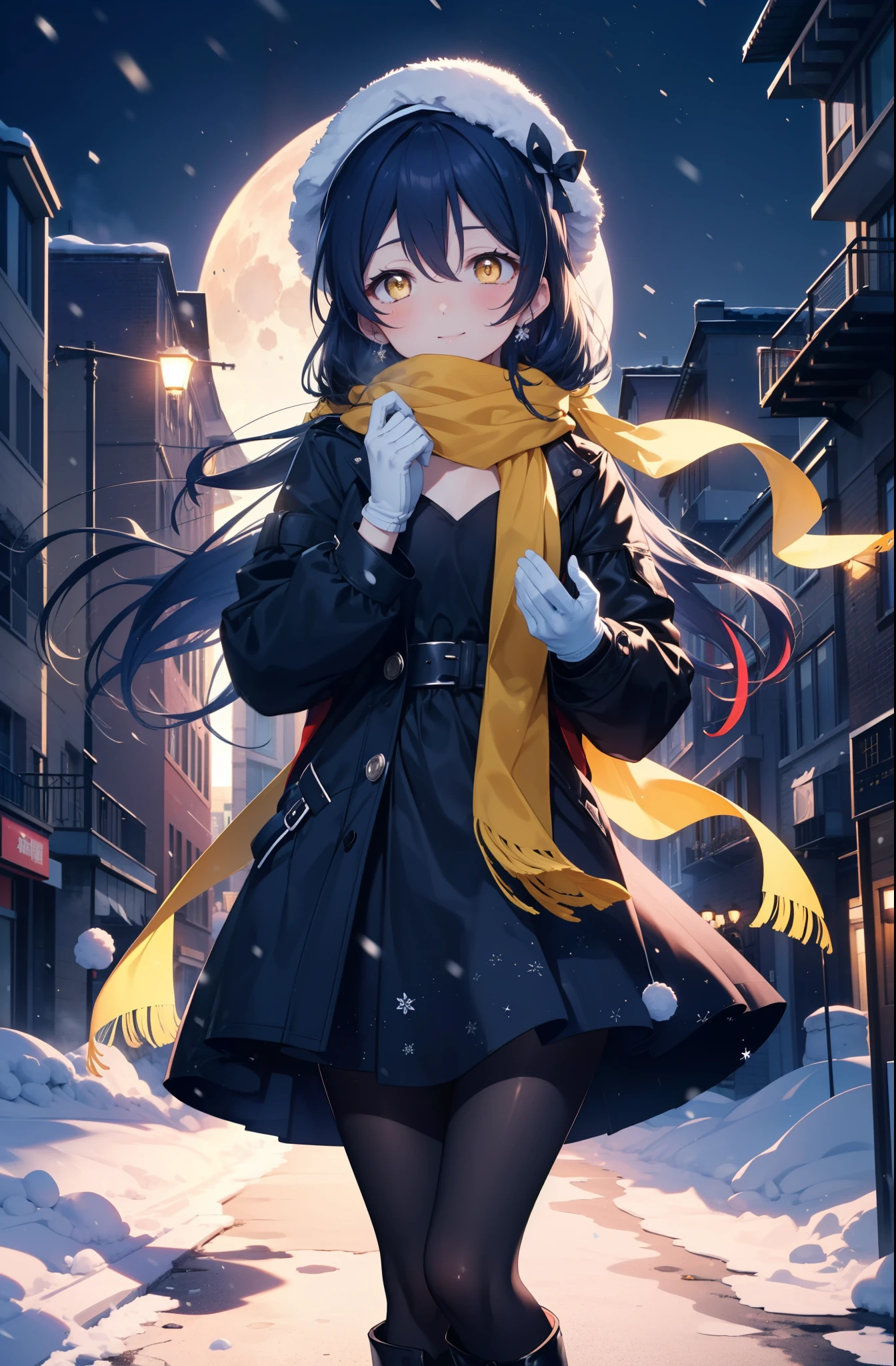 you are so kind, umi sonoda, long hair, blue hair, (yellow eyes:1.5) (flat chest:1.2),smile,blush knit hat,Blue fluffy long coat, blue fluffy gloves,turtleneck, long skirt,black pantyhose,short boots,red orange scarf,snow is falling,It&#39;s snowing,moon,moon光、
break looking at viewer,
break outdoors, In town,residential street,
break (masterpiece:1.2), highest quality, High resolution, unity 8k wallpaper, (figure:0.8), (detailed and beautiful eyes:1.6), highly detailed face, perfect lighting, Very detailed CG, (perfect hands, perfect anatomy),