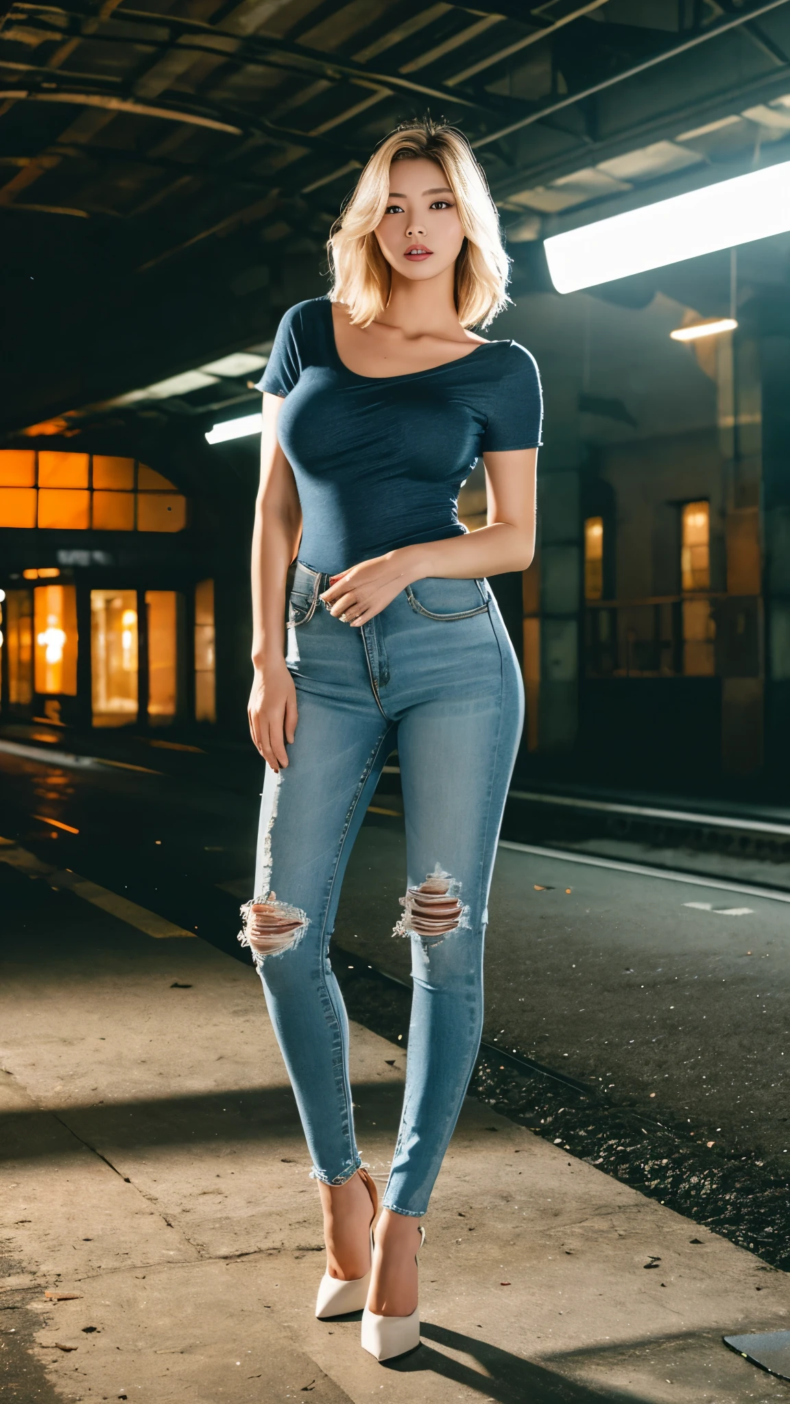 A hot korean woman, age 25 years old, height 180 cm, flowy light blonde hair, natural makeup, colossal breasts, plump body, big hips, wearing casual white tight shirt with u-neck short-sleeve and long skinny jeans, tight shirt, stilettos, high heels, long legs, open the legs, sexy pose, full body, front view, night, at large abandoned train station, ruined floor, glass ceiling, ruined wall, ruined roof, ruined old-train background, dynamic light, 8K, masterpiece, ultra detailed, flashlight, studio lighting, fogging, little bit smokey, movie scene, dramatic photo