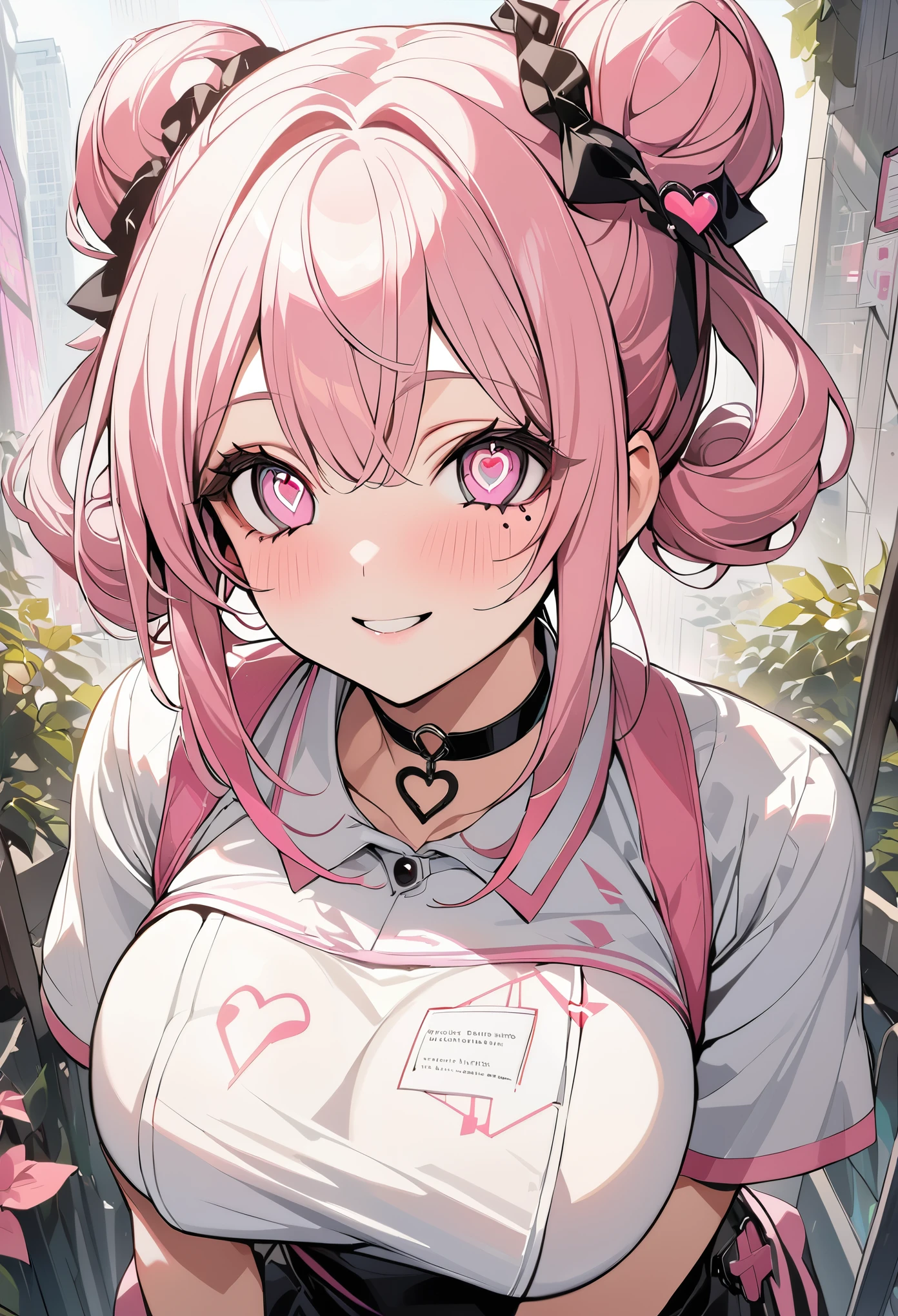 1 girl, pink long bun hair, heart shaped eyes, ♡, big breasts, nurse uniform, {girl with pink long bun hair named Nami}, (Pink eye color), {downtown}, (smile), bright background , mole under eye, heart shaped choker, (masterpiece, highest quality), very detailed, highest quality, official art, beautiful and aesthetic: 1.2), (1 girl), very detailed, (geometry art: 1.3), colorful, most detailed ?d1 girl, pink long bun hair, Eye of the symbol, +__+, big breasts, gothic costume, {A girl with long pink bun hair named Nami}, (Pink eye color), {downtown}, (smile), bright background, (garden,beautiful flower々),mole under eye, heart shaped choker, (masterpiece, highest quality), official art, beautiful and aesthetic: 1.2), (1 girl), very detailed, (geometry art: 1.3), colorful