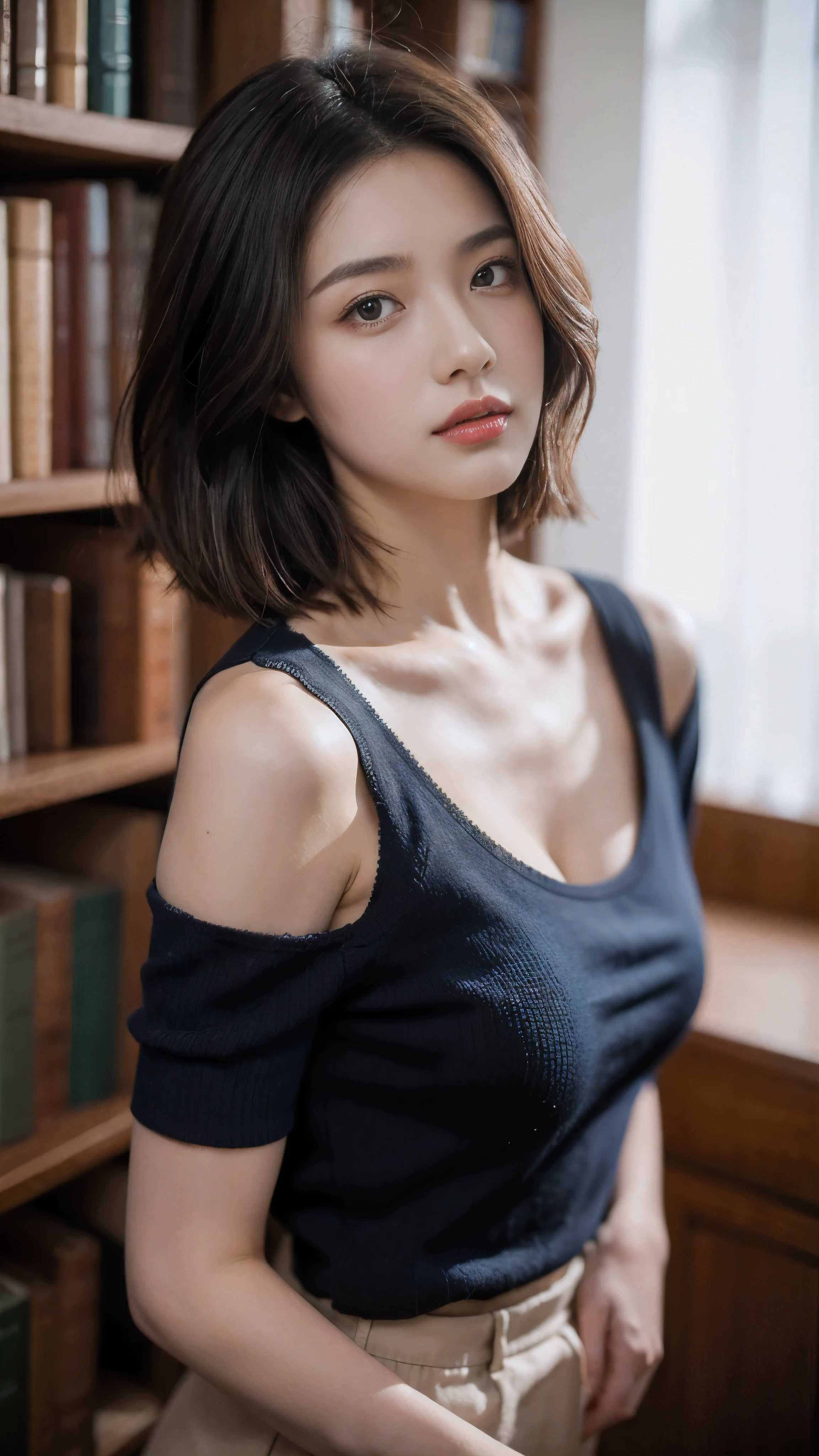 skin tight black top:1.2, looking at the viewer, cinematic lighting, perfection, soft light, high resolution skins:1.2, realistic skin texture,30 year old mature woman、small face、no makeup、 realistic face, off shoulder, exposed cleavage,bust B cup、small breasts、 blue eyes, short cut hair、dark brown hair、full nude、background((library))