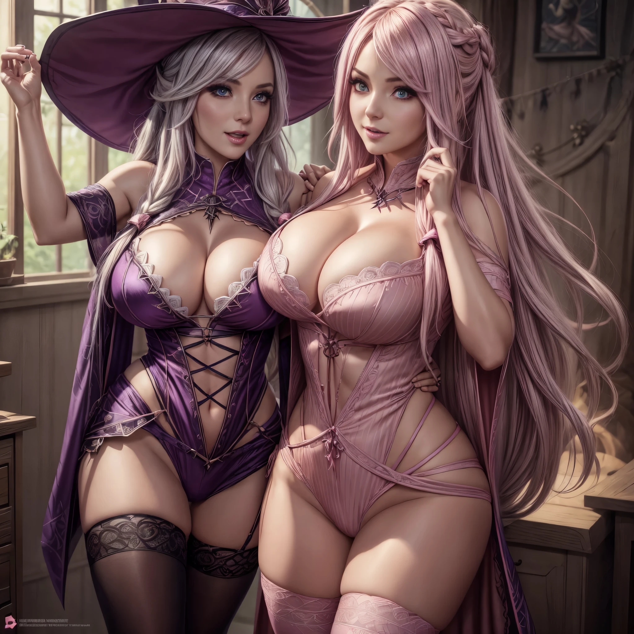 Art Station, Volumetric lighting, Highly detailed face, 4K, 1girl jess nigri as witch 、(official clothing: 1.4), Long hair、Beautiful breasts、Looking at the camera、big eye、Laughing、Raise cheeks、wtich、ight pink clothes、Colossal 、Clothes with open chest、stockings