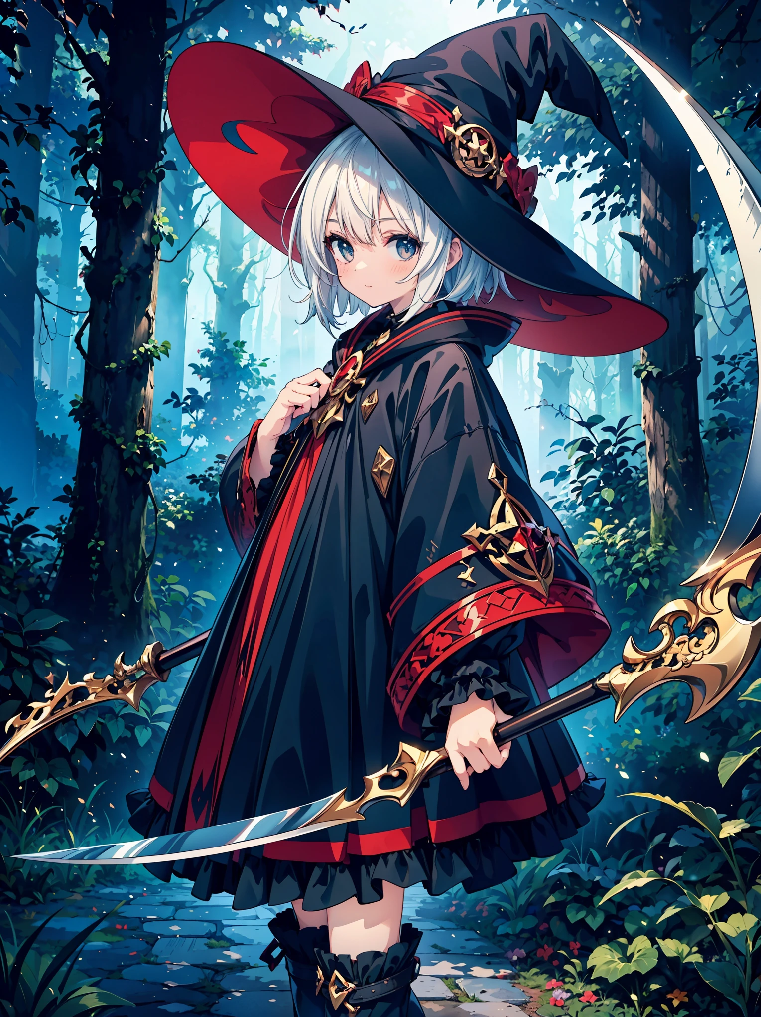 (masterpiece), best quality, highly detailed, A Magus girl with white hair holdding a magical scythe, witch hat, huge horn, frill short skirt, red and black outfit, scythe, magic light, background is dark forests