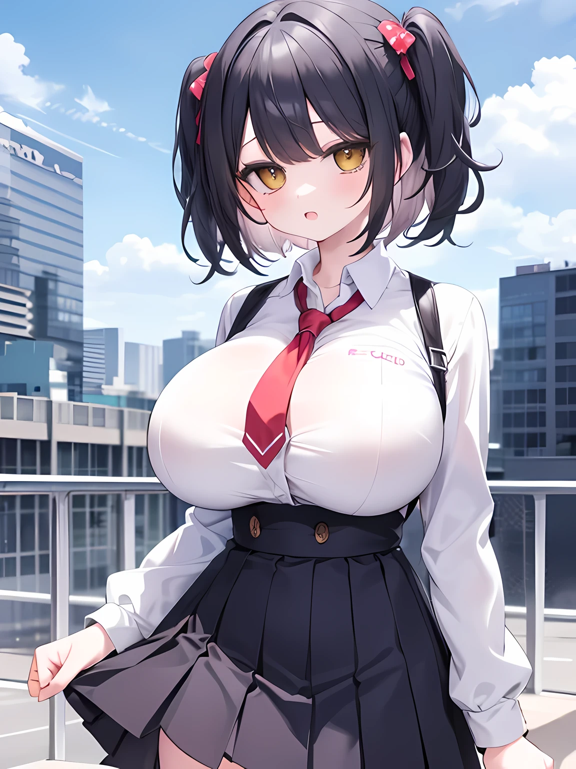 masterpiece,highest quality,(Super detailed),written boundary depth,perfect sentence, Detailed CG,Super detailed,(highly detailed eyes,very cute face,highly detailed face:1.3),beautiful anime girl,(solo girl:1.9),(super huge breasts:1.9),(black hair,short hair,2 sides up:1.7),(big yellow eyes:1.5),(low length),jitome,(smile full of joy),open your mouth,break,(university uniform,white collared shirt),red tie,micro mini skirt,black pleated skirt,school rooftop,Residential area visible in the distance,blue sky,White cloud,cowboy shot,angle from below