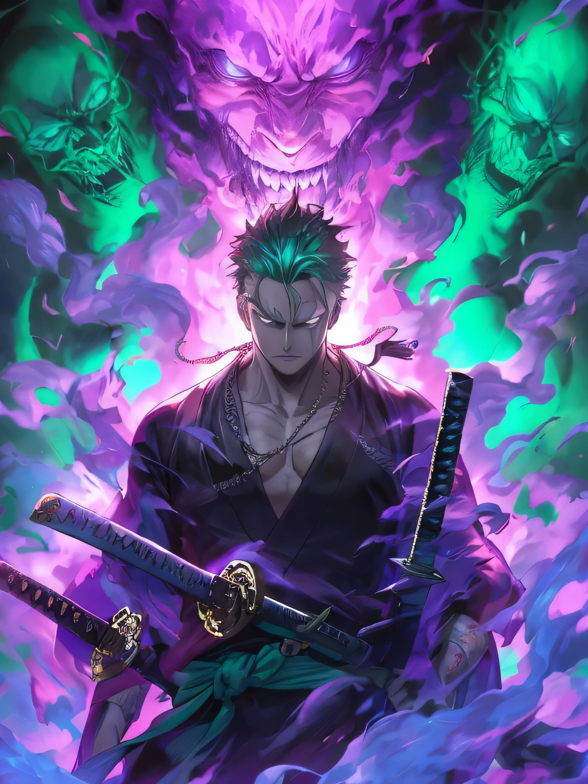 Close-up of a man holding two swords in front of a demon, badass anime 8 K, Rorono Yazoro, handsome guy in demon slayer art, papel de parede de anime 4k, papel de parede de anime 4k, 4k manga wallpaper, papel de parede de arte de anime 4k, papel de parede de arte de anime 4k, papel de parede de anime 4k, epic anime art, estilo anime 4k Feche o olho esquerdo