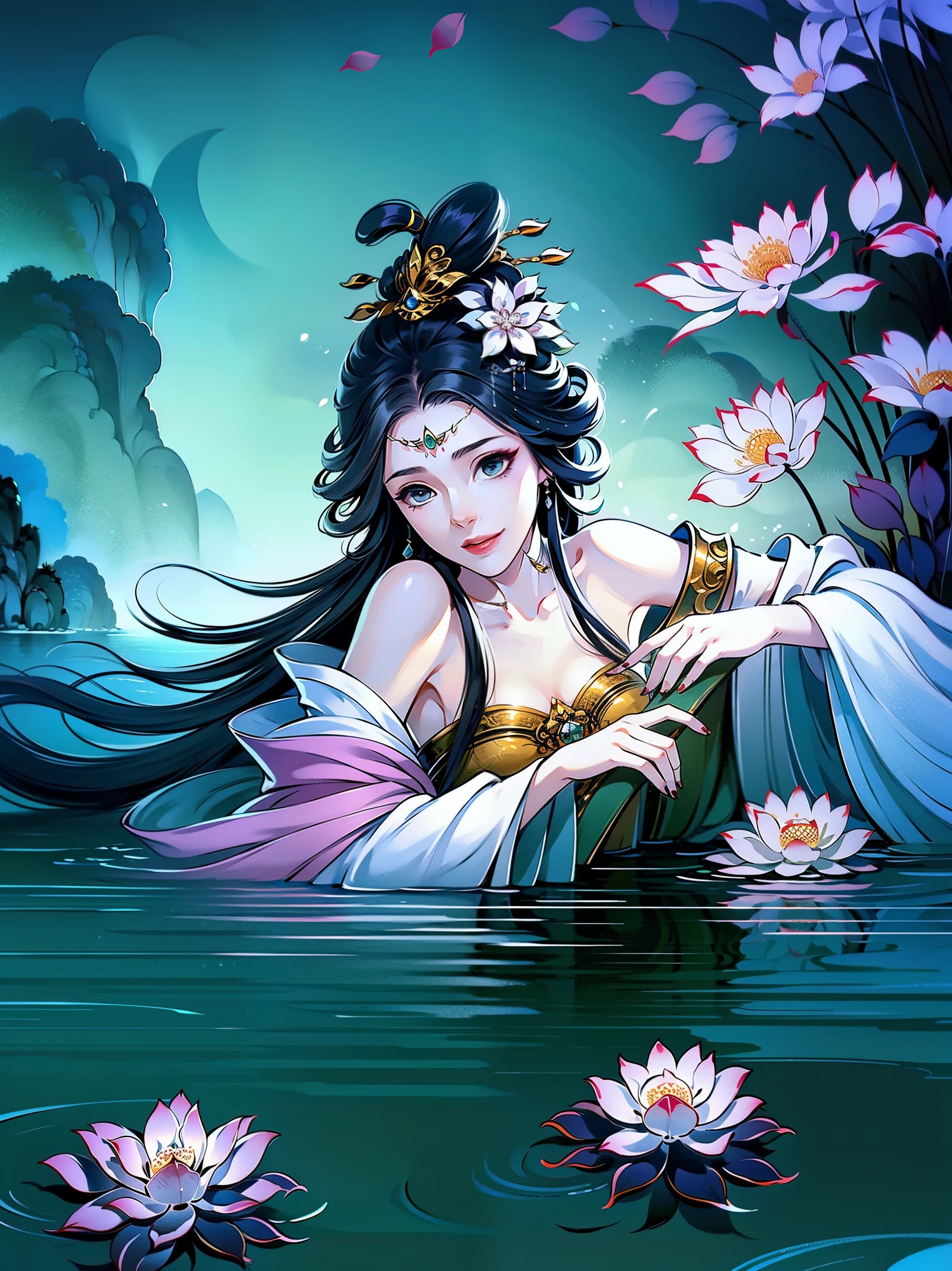 （masterpiece，super detailed，HD details，highly detailed art）1 girl lying in the water，alone，long hair，Smile，hot spring water，water vapor，bare shoulders, petal，Clear water，hanfu，Ripples in the water，Highly detailed character designs from East Asia，Game character costume design，ultra high resolution, sharp focus, epic work, masterpiece, (Very detailed CG unified 8k wallpaper)，pretty face，beautiful eyes，HD details