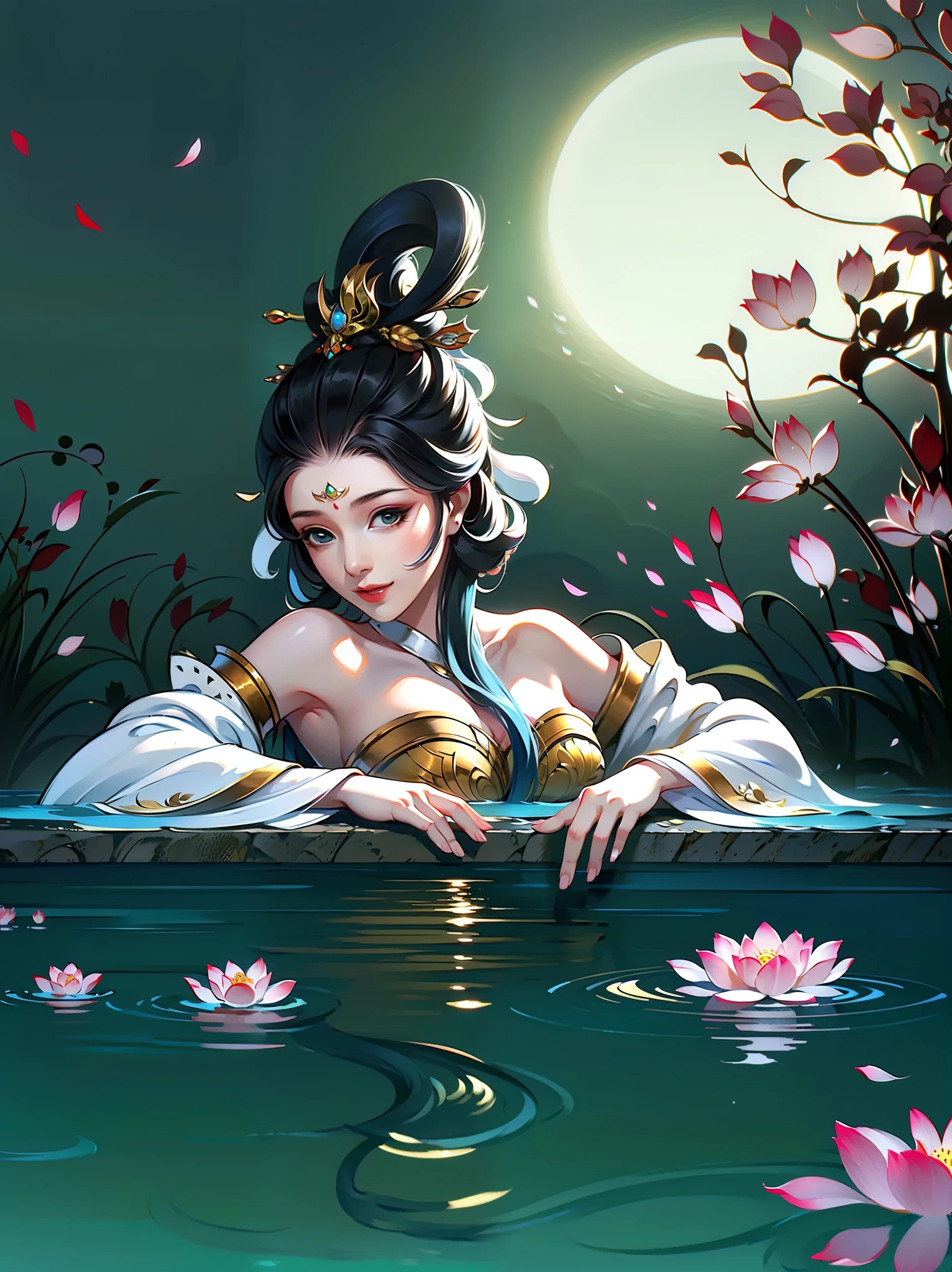 （masterpiece，super detailed，HD details，highly detailed art）1 girl lying in the water，alone，long hair，Smile，hot spring water，water vapor，bare shoulders, petal，Clear water，gentle moonlight，moon，hanfu，Ripples in the water，Highly detailed character designs from East Asia，Game character costume design，ultra high resolution, sharp focus, epic work, masterpiece, (Very detailed CG unified 8k wallpaper)，pretty face，beautiful eyes，HD details