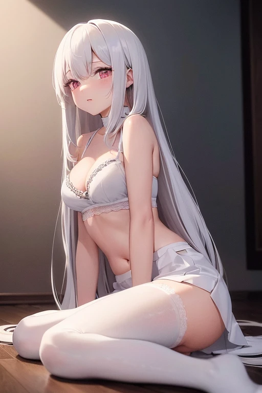 A girl with long white hair with a straight cut and pink eyes, wearing a white bra, a short white skirt with an open belt, and white pantyhose, sitting on the floor in an exciting session, with her legs slightly raised and her underwear visible.