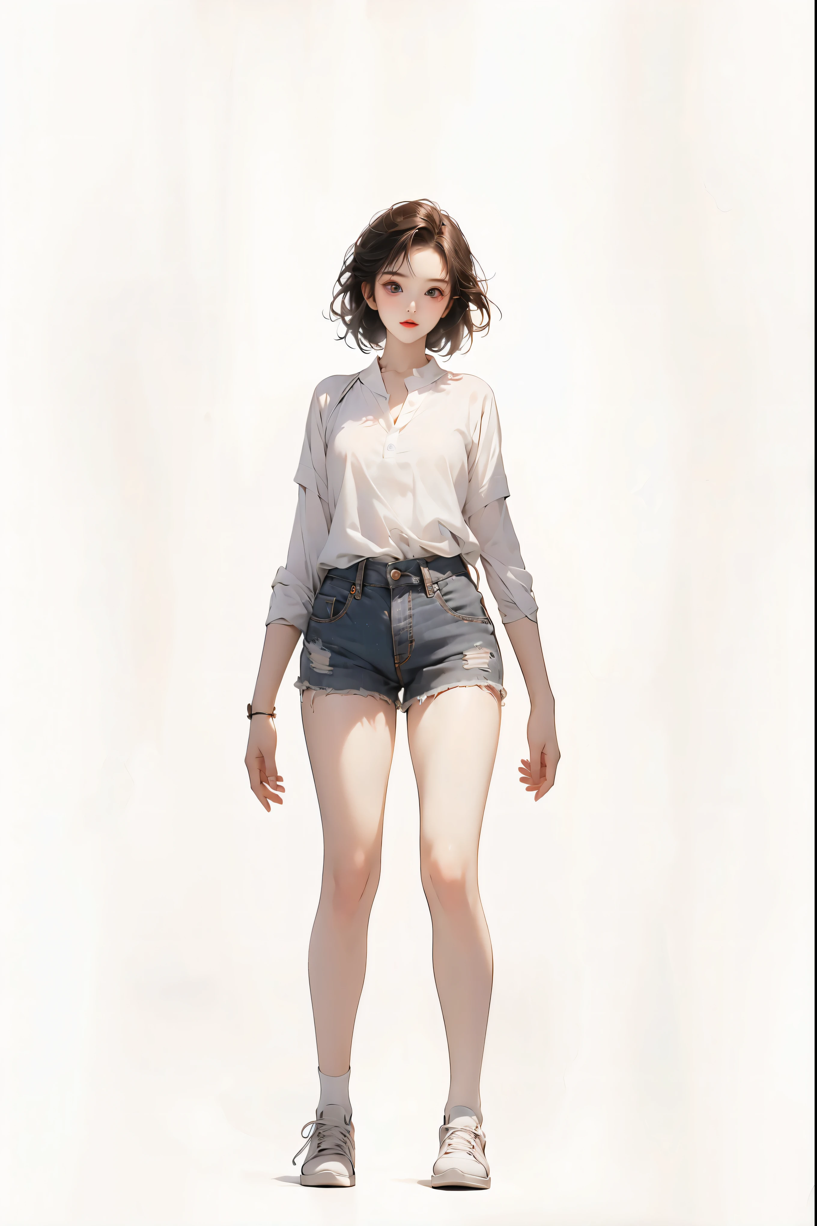 ((masterpiece, best quality)), highly detailed, ultra high definition, high dynamic range, 8K, 1 girl, gray purple short hair, black eyes, Light brown skin. long, thick eyelashes, semi-realistic, Bokeh, medium breasts, snow white skin, tilted head, (detailed (Red) lips) bioluminescence, (detailed beautiful eyes),standing posture,Wearing a white sleeveless T-shirt,Wear denim shorts,Wear white sneakers on your feet,cross your waist,whole body,Structurally complete,whole body像,White background,clean background,portrait
