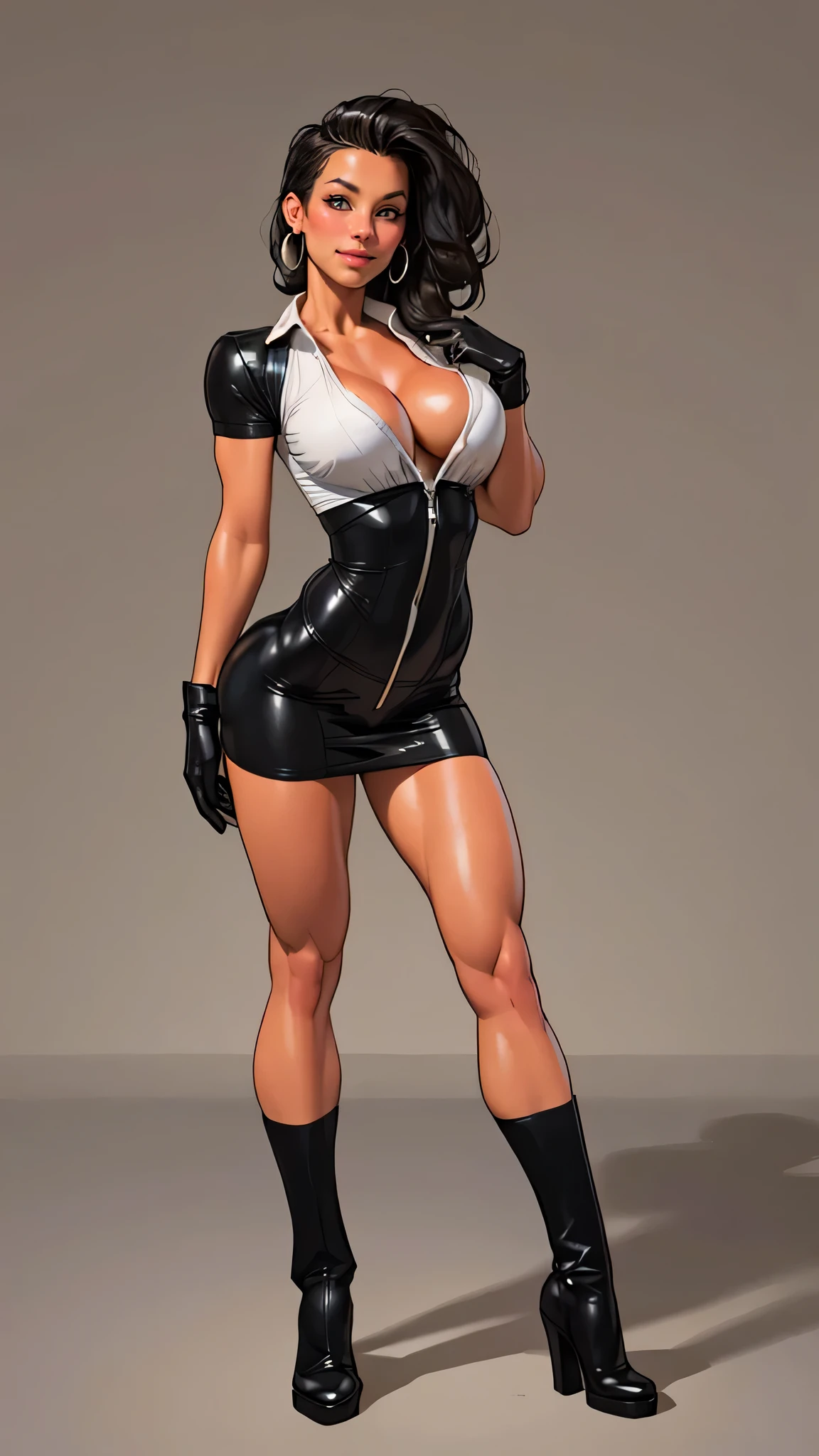 (masterpiece, best quality, realistically, Work, super detailed, 8K), ((Wide-angle lens, Full body female love)), 1 girl,Light makeup,Exquisite facial features,Smile,Simple background,(Dressed as a policewoman and hat:1.4,black leather boots),black gloves,jewelry,earrings,alone,long_ tortuous_hair,黑色hair,4K,High resolution,masterpiece,best quality,(Hasselblad photos),(movie lighting),soft light
