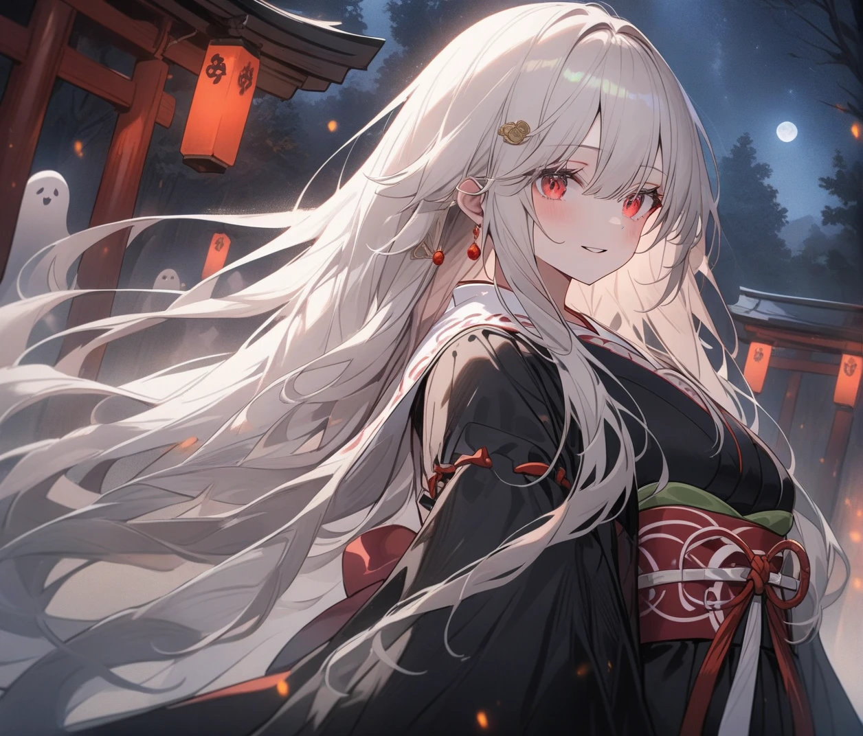 4K, actual, high detail, Super eyes detailed, Fashion clothing, black trench coat, Black kimono , long hair, in the woods ,  white hair, red eyes, Yae Shrine Maiden, 
