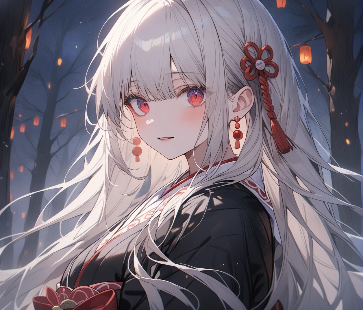 4K, actual, high detail, Super eyes detailed, Fashion clothing, black trench coat, Black kimono , long hair, in the woods ,  white hair, red eyes, Yae Shrine Maiden, 