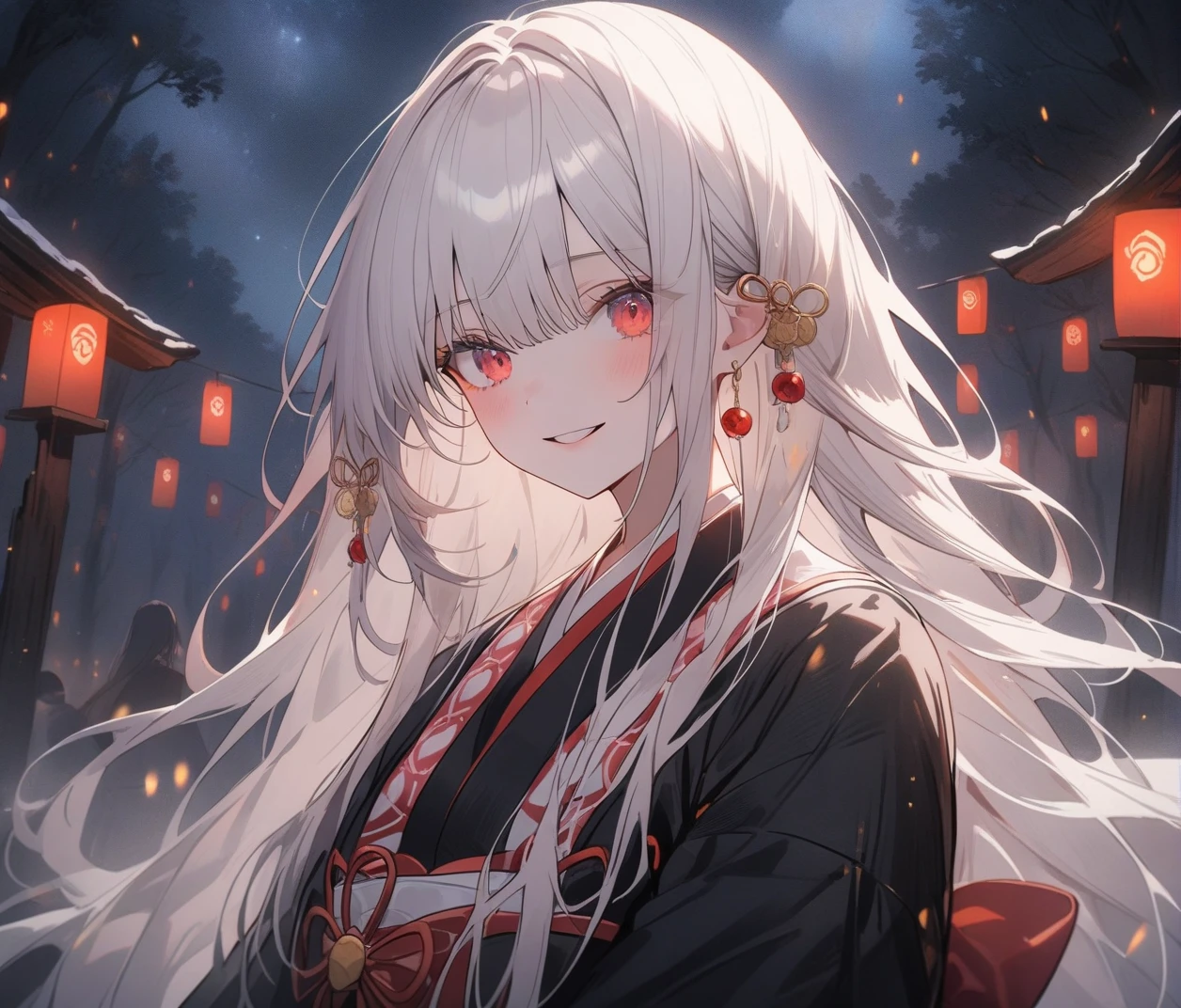 4K, actual, high detail, Super eyes detailed, Fashion clothing, black trench coat, Black kimono , long hair, in the woods ,  white hair, red eyes, Yae Shrine Maiden, 