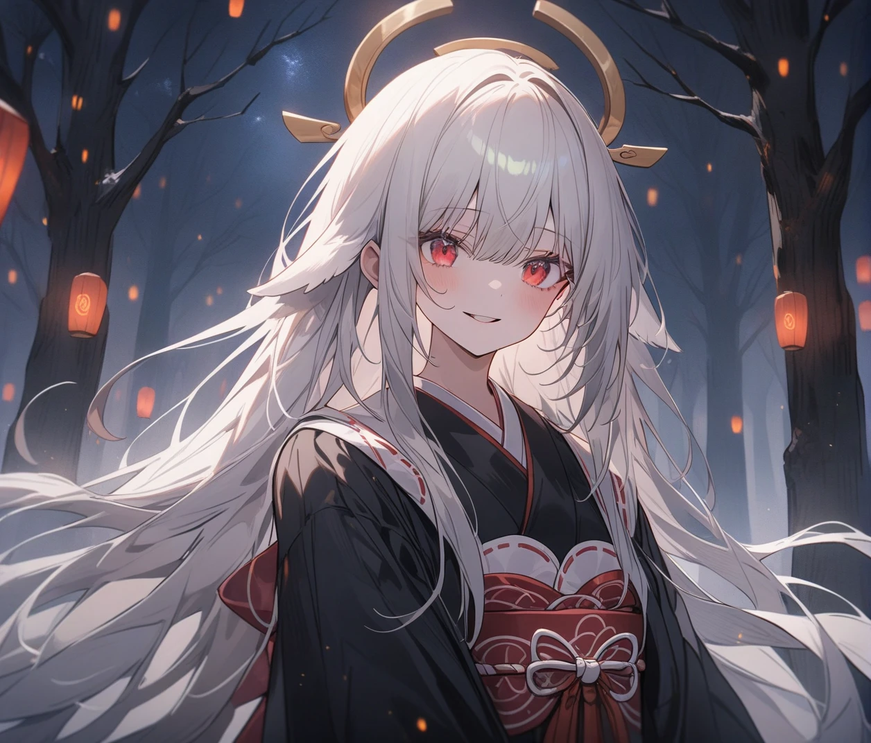 4K, actual, high detail, Super eyes detailed, Fashion clothing, black trench coat, Black kimono , long hair, in the woods ,  white hair, red eyes, Yae Shrine Maiden, 