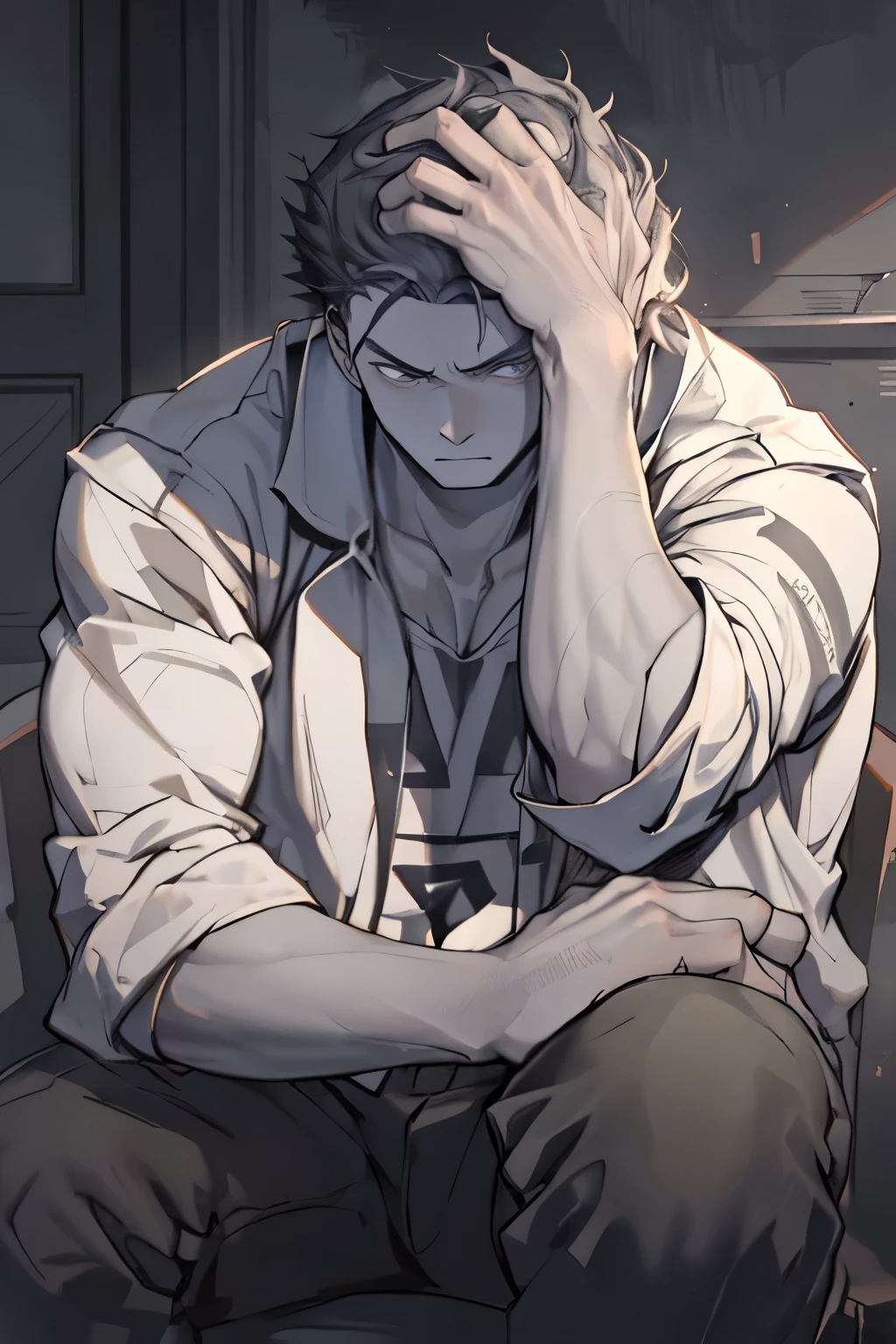 Desenhe uma jovem pensando ( homem ) He has his hands on his head and with a worried expression he is sitting