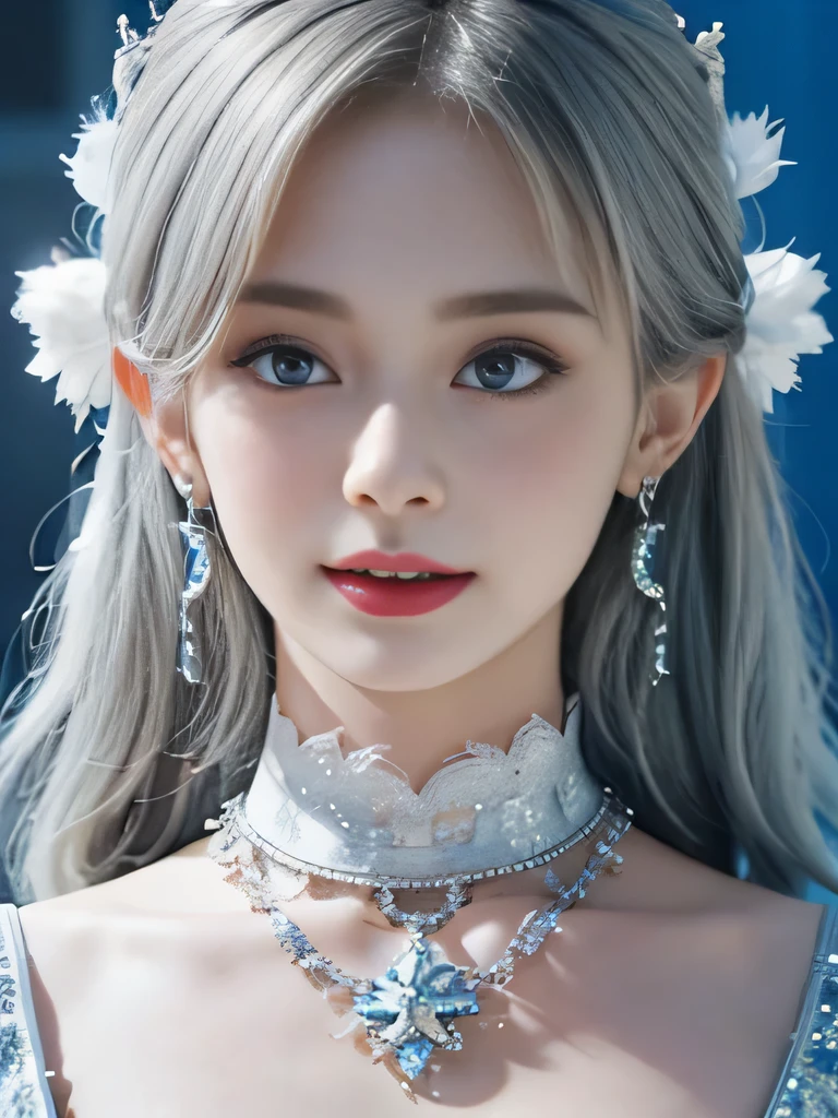 4K、she is a wind fairy、angel wings on the back、blue eyes、Dress that shows your collarbones、blue sky background、close up of face、gray hair、big feathers、Blue and white background、platinum decoration、platinum earrings、platinum necklace、Platinum Silver Hair、platinum silver eyebrows、flashy decoration、ponytail、white and blue、smile、clear white skin、well-groomed face、gray hairと眉毛、Wedding dress、white background、