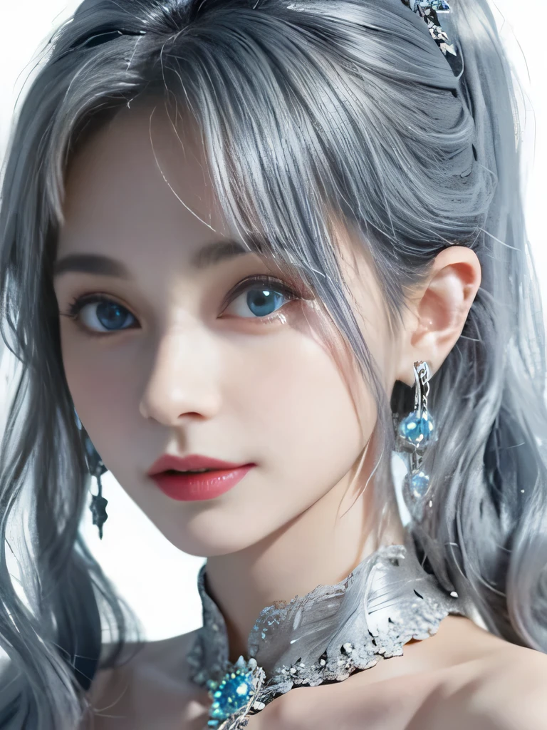 4K、she is a wind fairy、angel wings on the back、blue eyes、Dress that shows your collarbones、blue sky background、close up of face、gray hair、big feathers、Blue and white background、platinum decoration、platinum earrings、platinum necklace、Platinum Silver Hair、platinum silver eyebrows、flashy decoration、ponytail、white and blue、smile、clear white skin、well-groomed face、gray hairと眉毛、Wedding dress、white background、