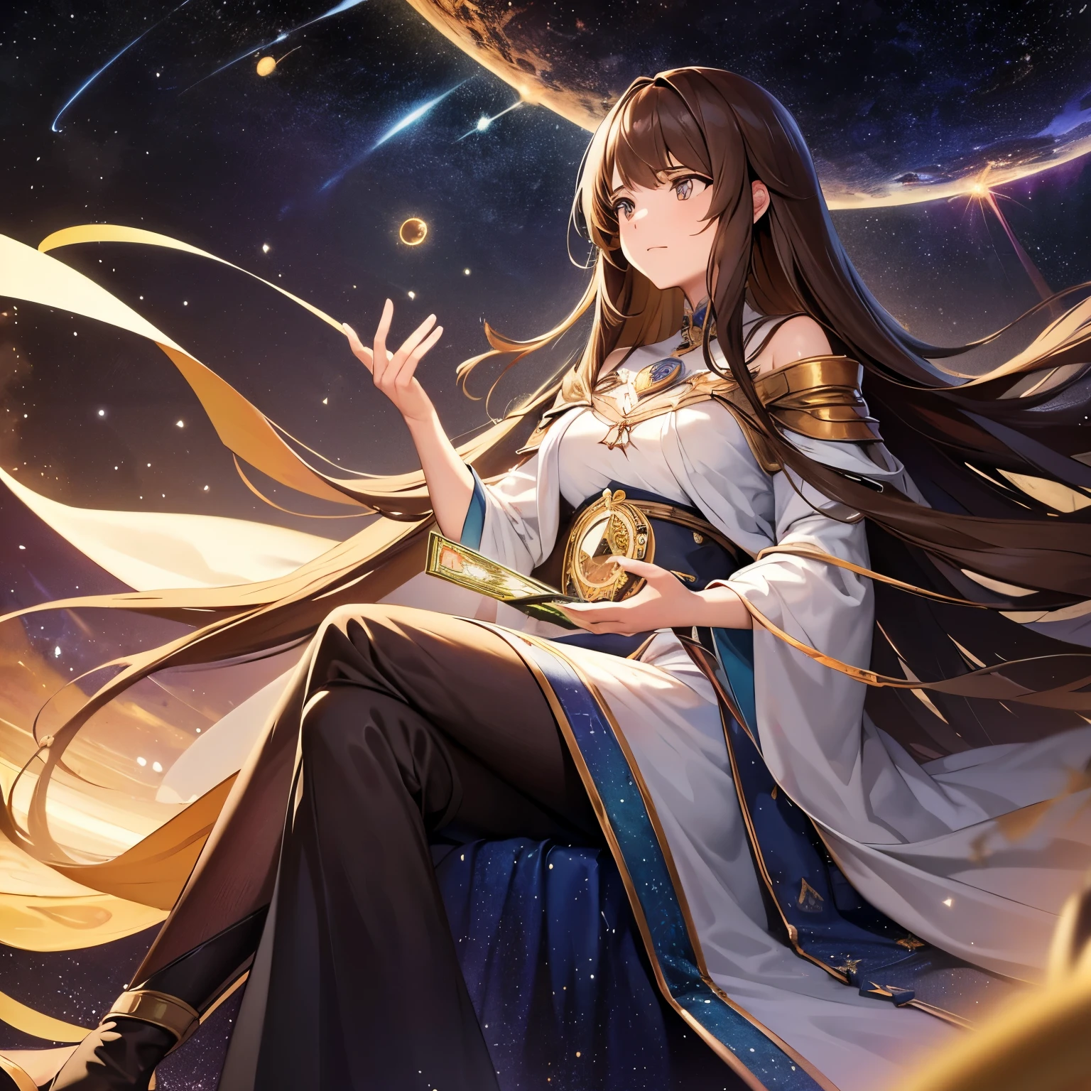 Girl with long brown hair watching tarot cards sitting in the universe surrounded by galaxies and solar systems floating around, estrellas brillantes, resplandor, cartas del tarot 