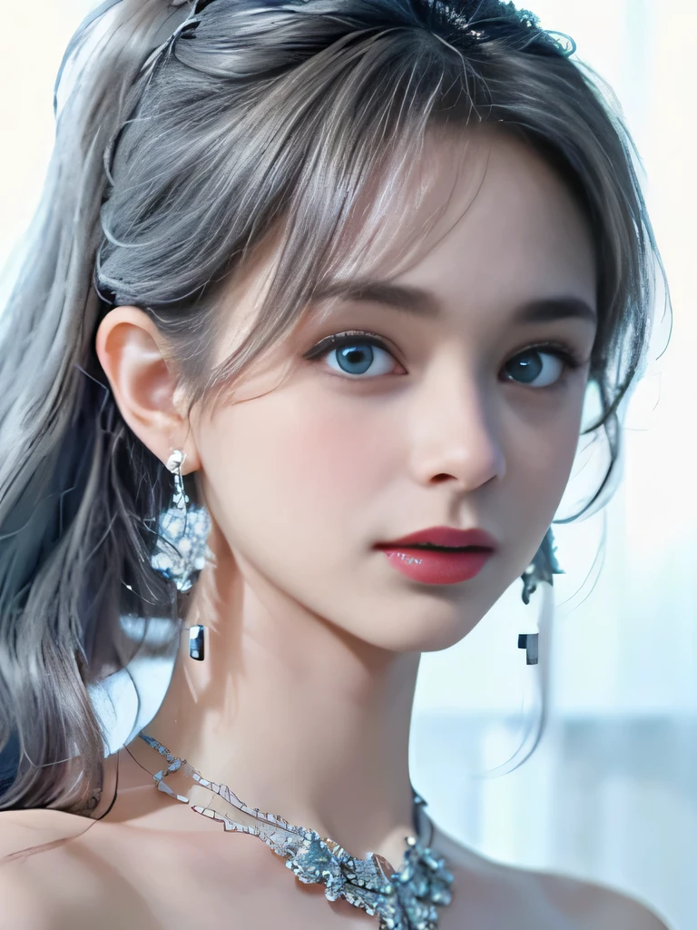 4K、she is a wind fairy、angel wings on the back、blue eyes、Dress that shows your collarbones、blue sky background、close up of face、gray hair、big feathers、Blue and white background、platinum decoration、platinum earrings、platinum necklace、Platinum Silver Hair、platinum silver eyebrows、flashy decoration、ponytail、white and blue、smile、clear white skin、well-groomed face、gray hairと眉毛、Wedding dress、white background、
