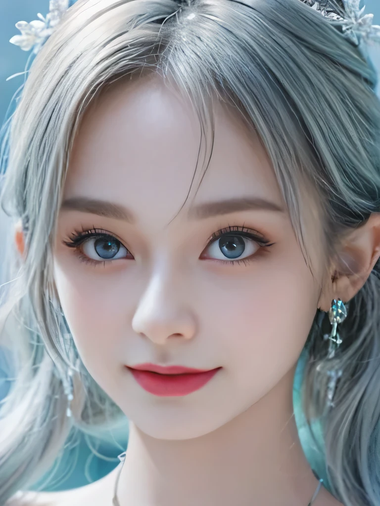 4K、she is a wind fairy、angel wings on the back、blue eyes、Dress that shows your collarbones、blue sky background、close up of face、gray hair、big feathers、Blue and white background、platinum decoration、platinum earrings、platinum necklace、Platinum Silver Hair、platinum silver eyebrows、flashy decoration、ponytail、white and blue、smile、clear white skin、well-groomed face、gray hairと眉毛、Wedding dress、white background、