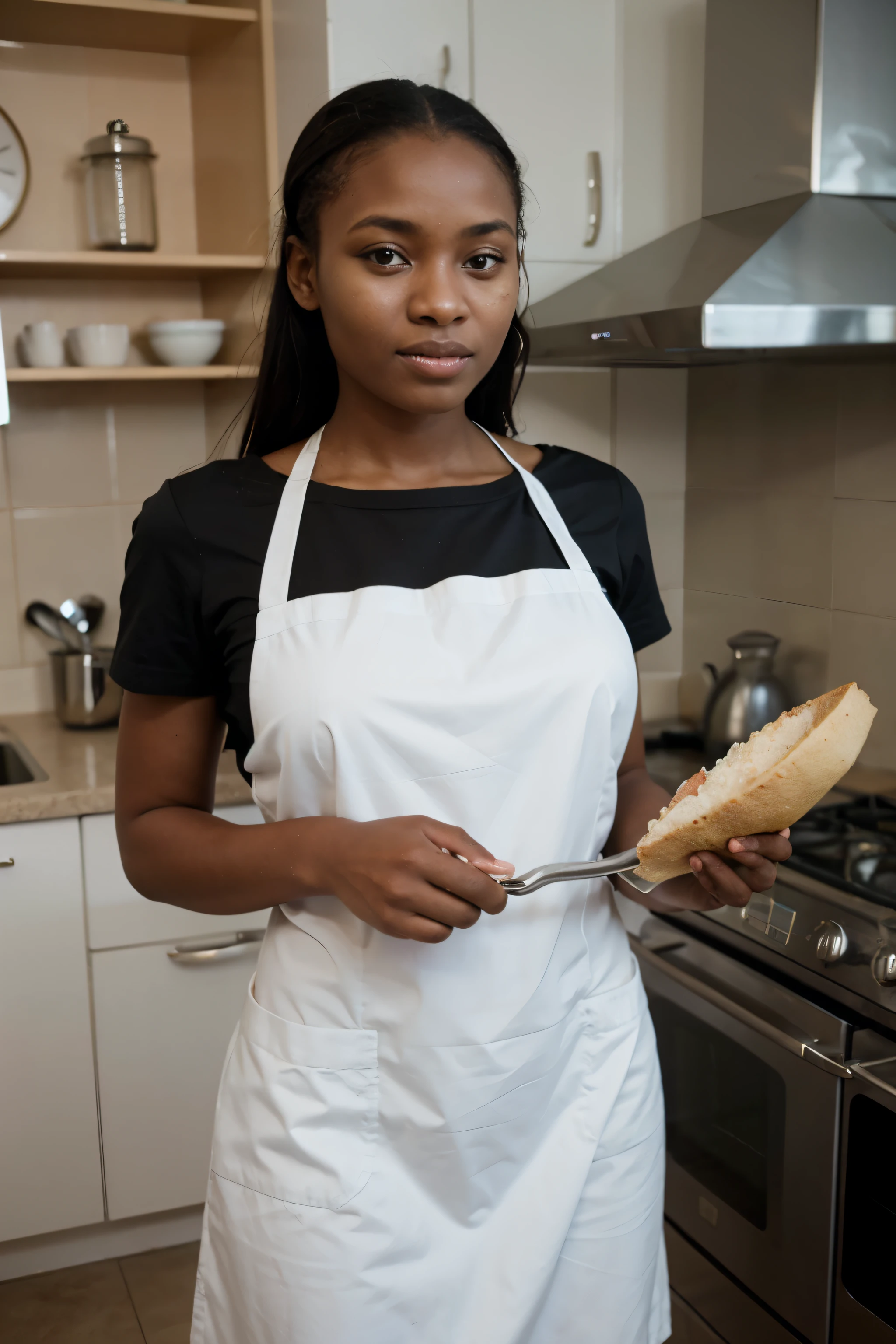 An African housemaid wearing a uniform while working, either cooking or washing