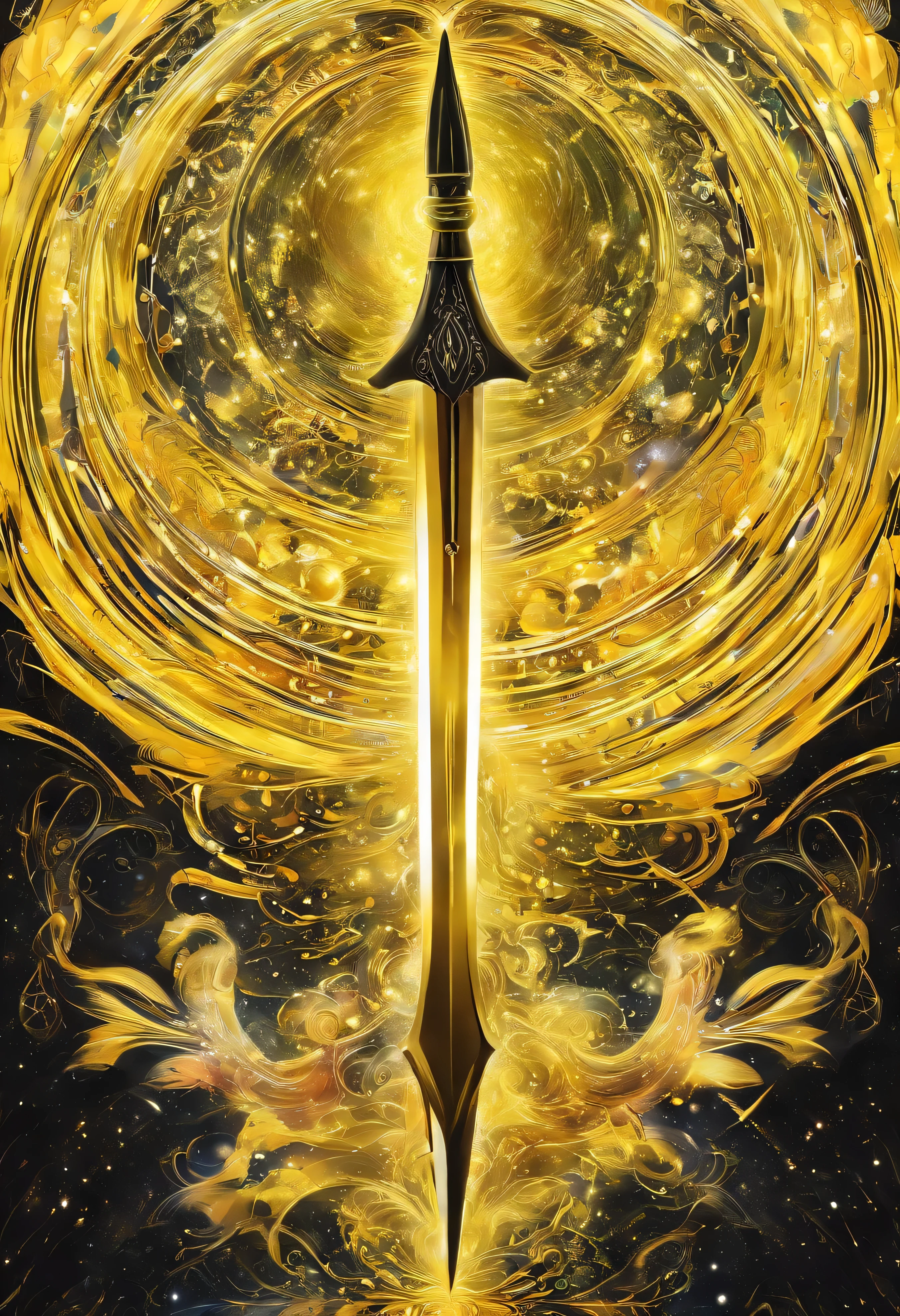 There is a spear,There are yellow and black patterns on it, glowing soul blade, Glowing Barracuda, Parker blade style, raytraced blade, sword, Shiny Parker, Intricate fantasy spear, war blade weapons, medieval spear, magical pike, realistic pike,Cosmic Galaxy