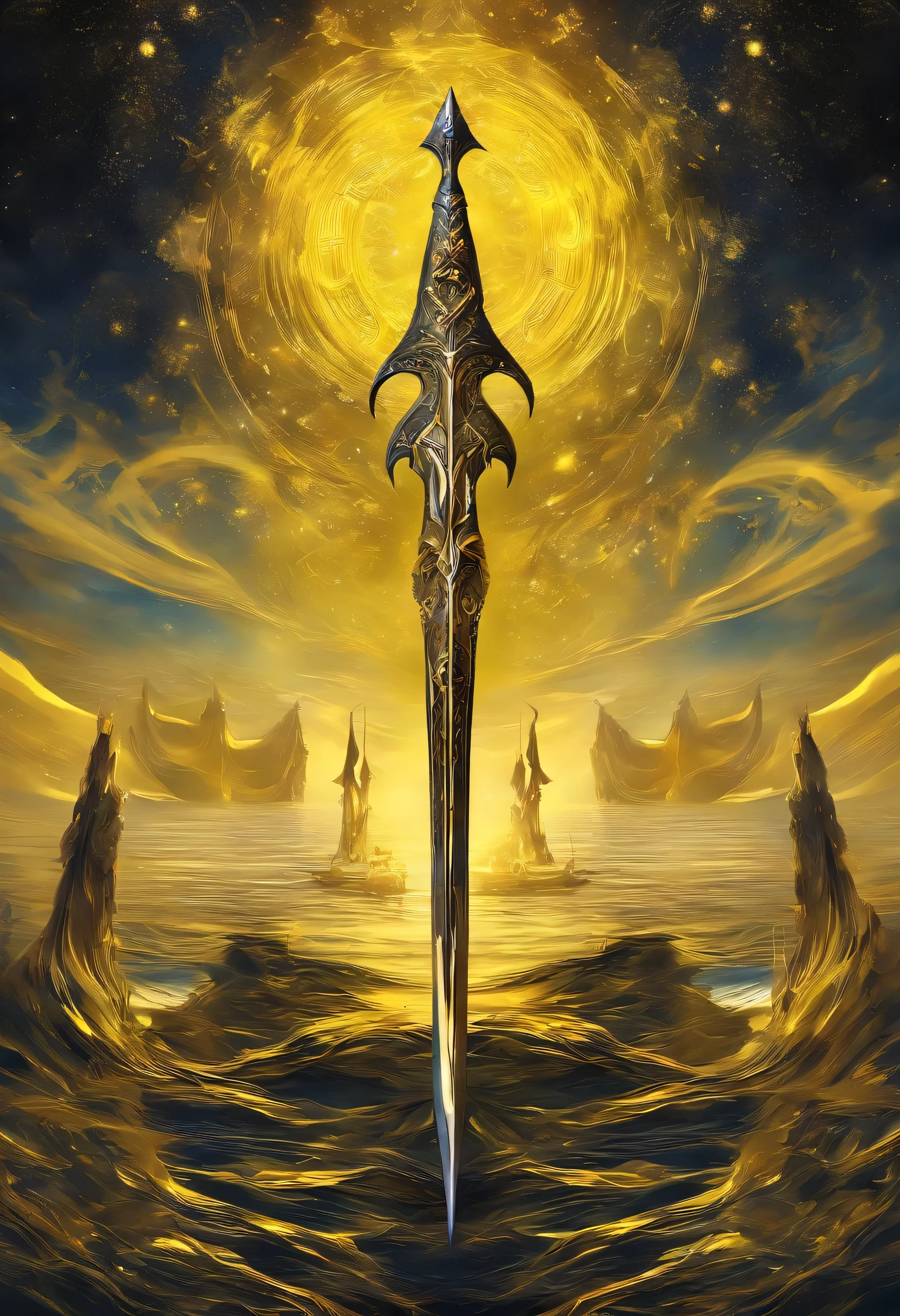 There is a spear,There are yellow and black patterns on it, glowing soul blade, Glowing Barracuda, Parker blade style, raytraced blade, sword, Shiny Parker, Intricate fantasy spear, war blade weapons, medieval spear, magical pike, realistic pike,Cosmic Galaxy