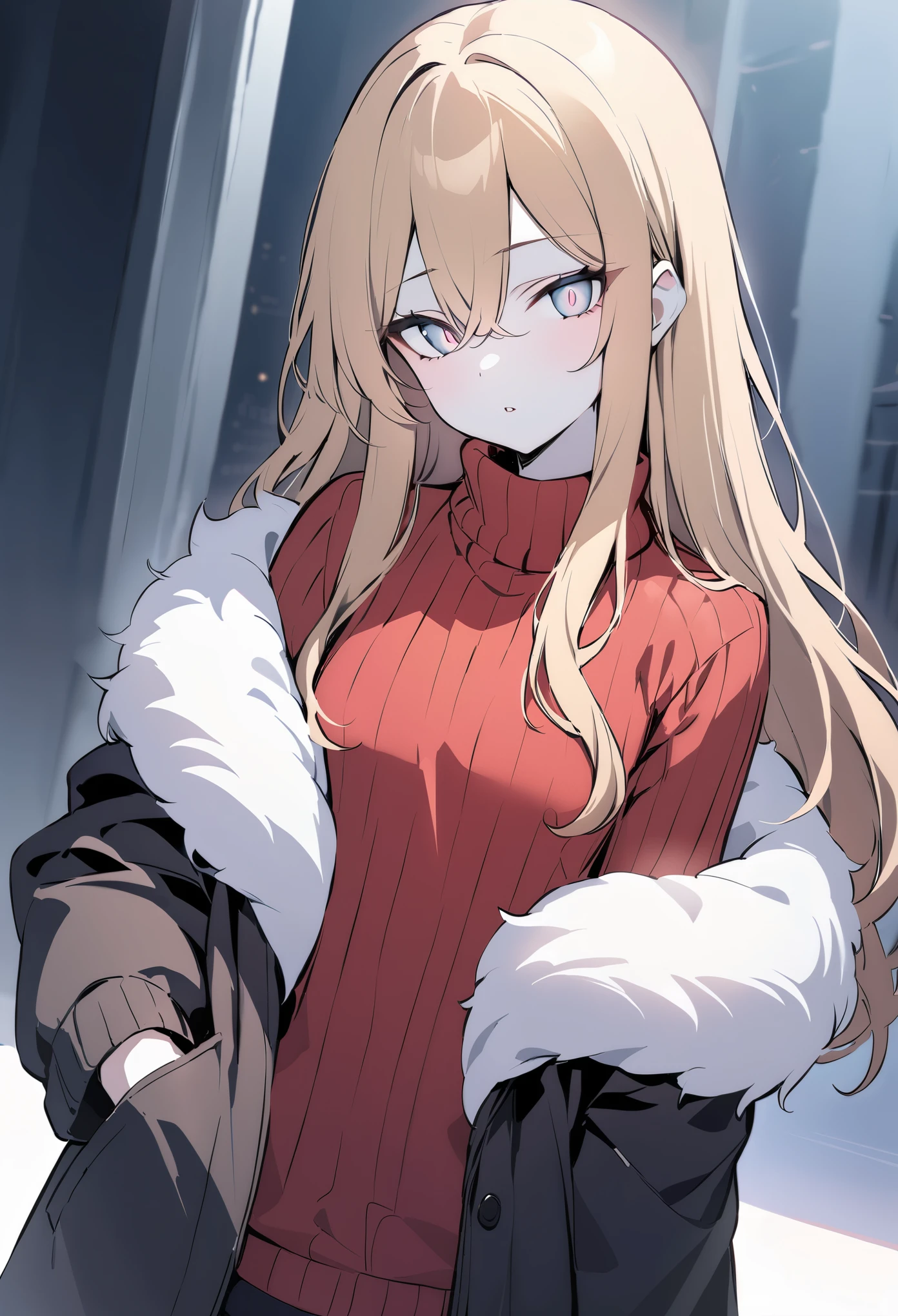 detailed, (masterpiece:1.2), (pale_skin:1.2), (solo:1.2), (female), slender, (glowing_eyes), long hair, bangs, blonde hair, long sleeves, hair between eyes, jacket, upper body, parted lips, open clothes, sweater, open jacket, coat, grey eyes, fur trim, turtleneck, fur collar, hand in pocket, open coat, turtleneck sweater, fur-trimmed jacket, red sweater