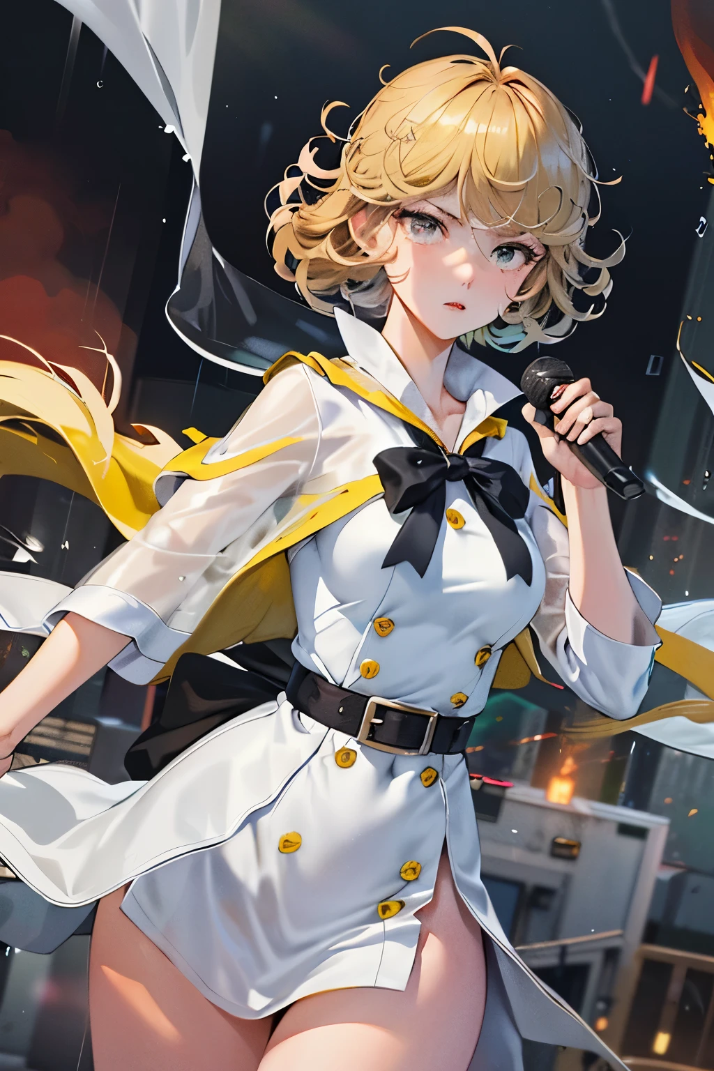 Amidst the tumultuous clamor of a hurricane, a resilient female weather reporter braved the storm outside, microphone in hand. Her determined expression, framed by temperatures-dropping-fast blonde locks, was a beacon of calm amidst the chaos. The winds, howling at hurricane force (1.1), whipped around her, creating a veil of rain-splattered tears that added an action-packed element to her live reporting (1.3).
Masterpiece (1.3) in the making, this scene boasted the best quality (1.3) of elements that epitomized the raw power of nature. Rain pellets shimmered