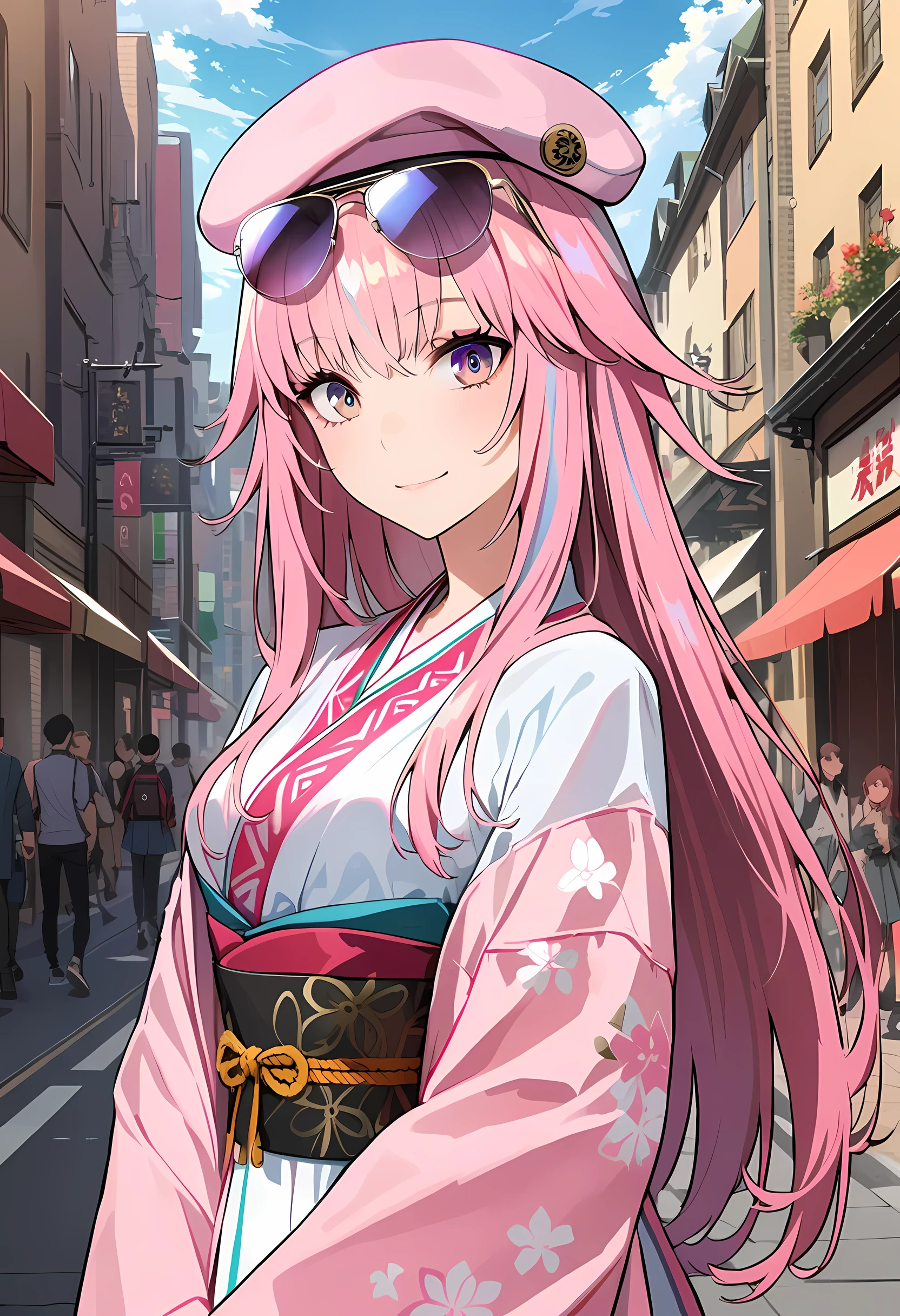 4K, actual, high detail, Super eyes detailed, Fashion clothing, Pink trench coat, french beret, Black pants with belt, long hair, in the city,  pink hair, purple eyes, Yae Shrine Maiden, Wear stylish sunglasses,