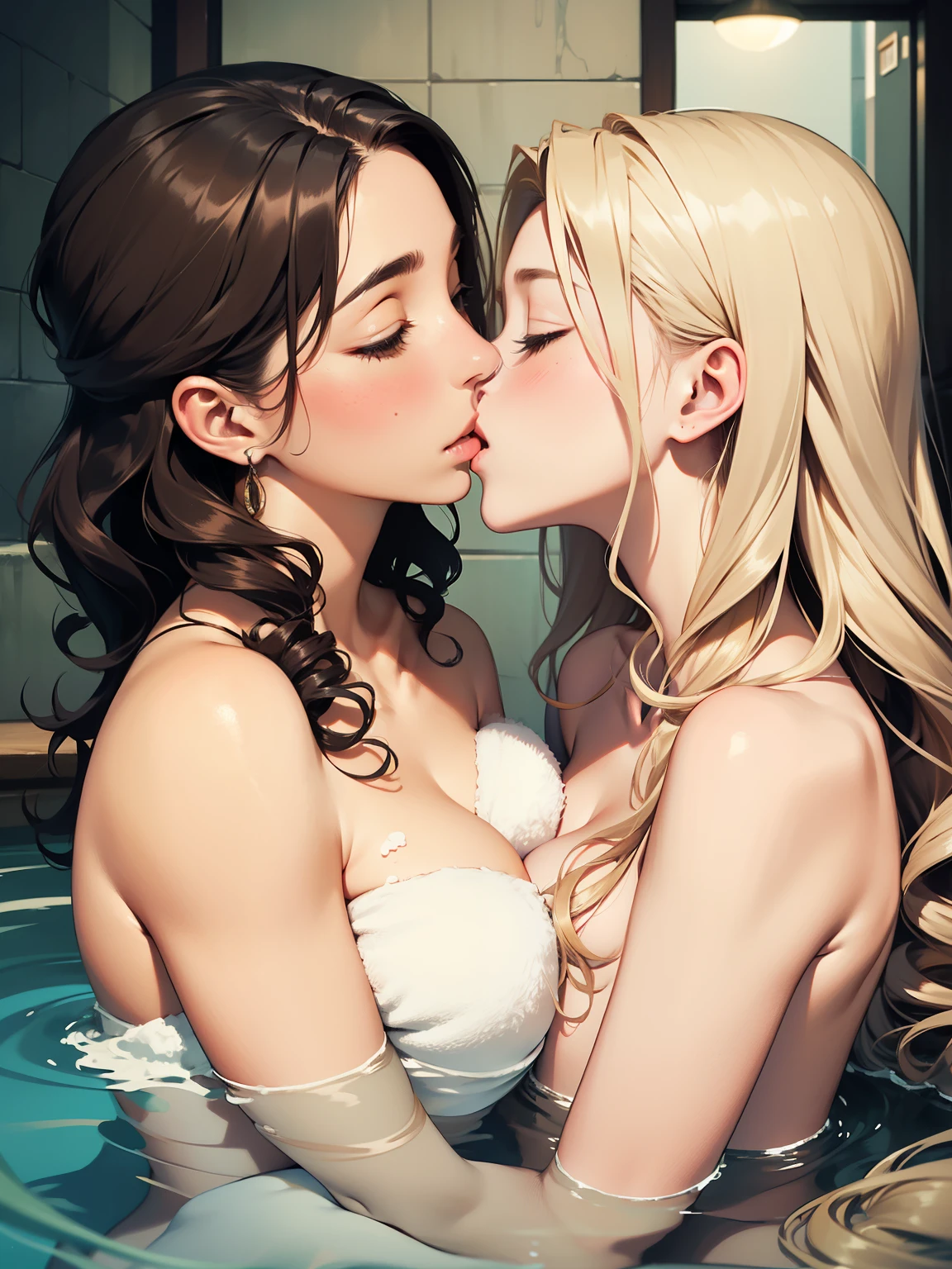 A female couple kisses a naked woman wearing a bath towel in a Japanese hot spring, (SFW) Work, kissing together cutely, Girl Love Art, OPPEIN, Side milk, Slightly saggy big breasts, small breasts, (((Extra long yellow curly hair))), (((Brown shoulder-length straight hair))), (girl love kiss), The mouth is very detailed,  (girl love hug), touch her clothes, (touch her breasts), SFW version