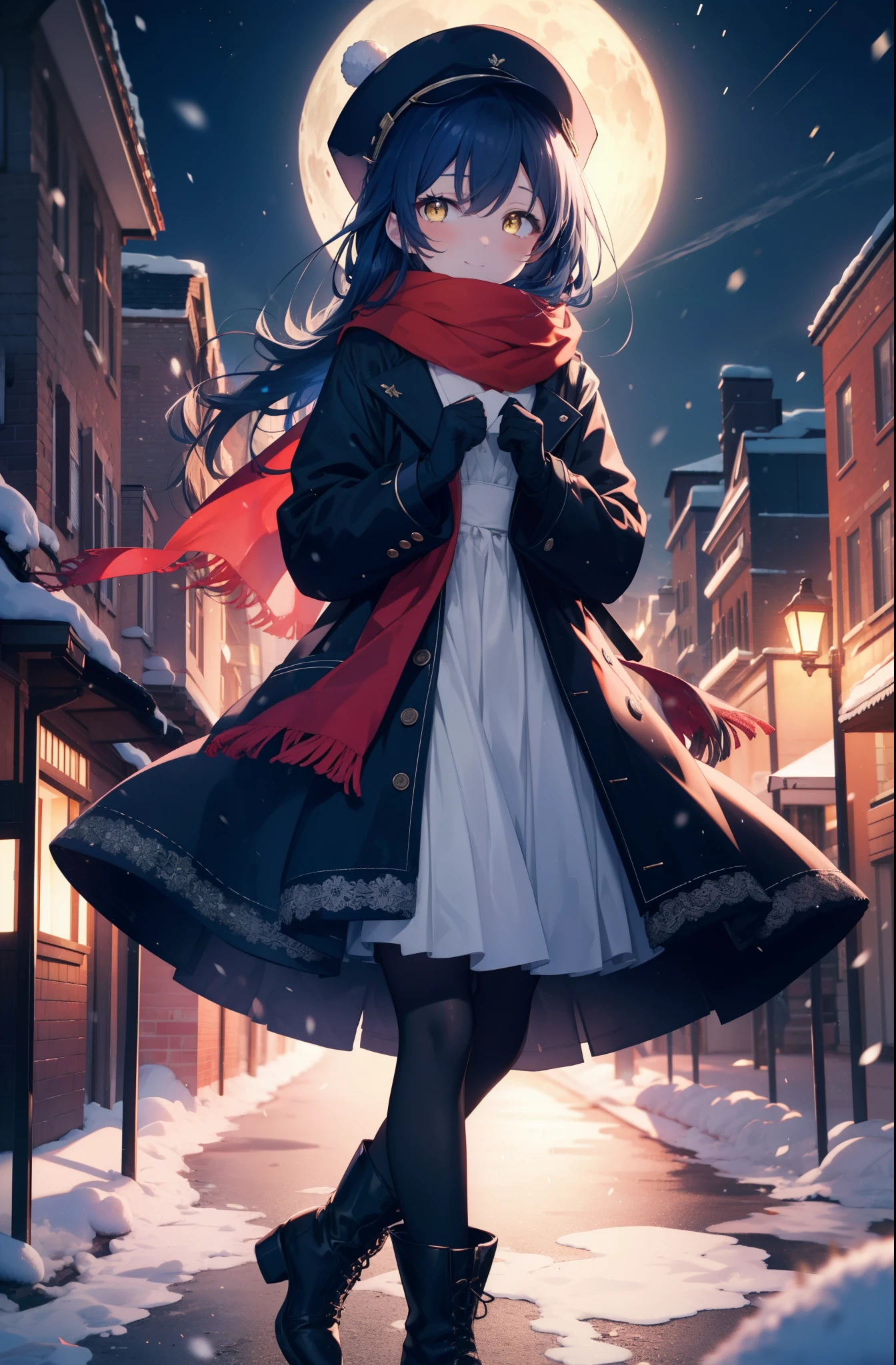 you are so kind, umi sonoda, long hair, blue hair, (yellow eyes:1.5) (flat chest:1.2),smile,blush knit hat,Blue fluffy long coat, blue fluffy gloves,sweater, long skirt,black pantyhose,short boots,red orange scarf,snow is falling,It&#39;s snowing,moon,moon光、
break looking at viewer,
break outdoors, In town,residential street,
break (masterpiece:1.2), highest quality, High resolution, unity 8k wallpaper, (figure:0.8), (detailed and beautiful eyes:1.6), highly detailed face, perfect lighting, Very detailed CG, (perfect hands, perfect anatomy),