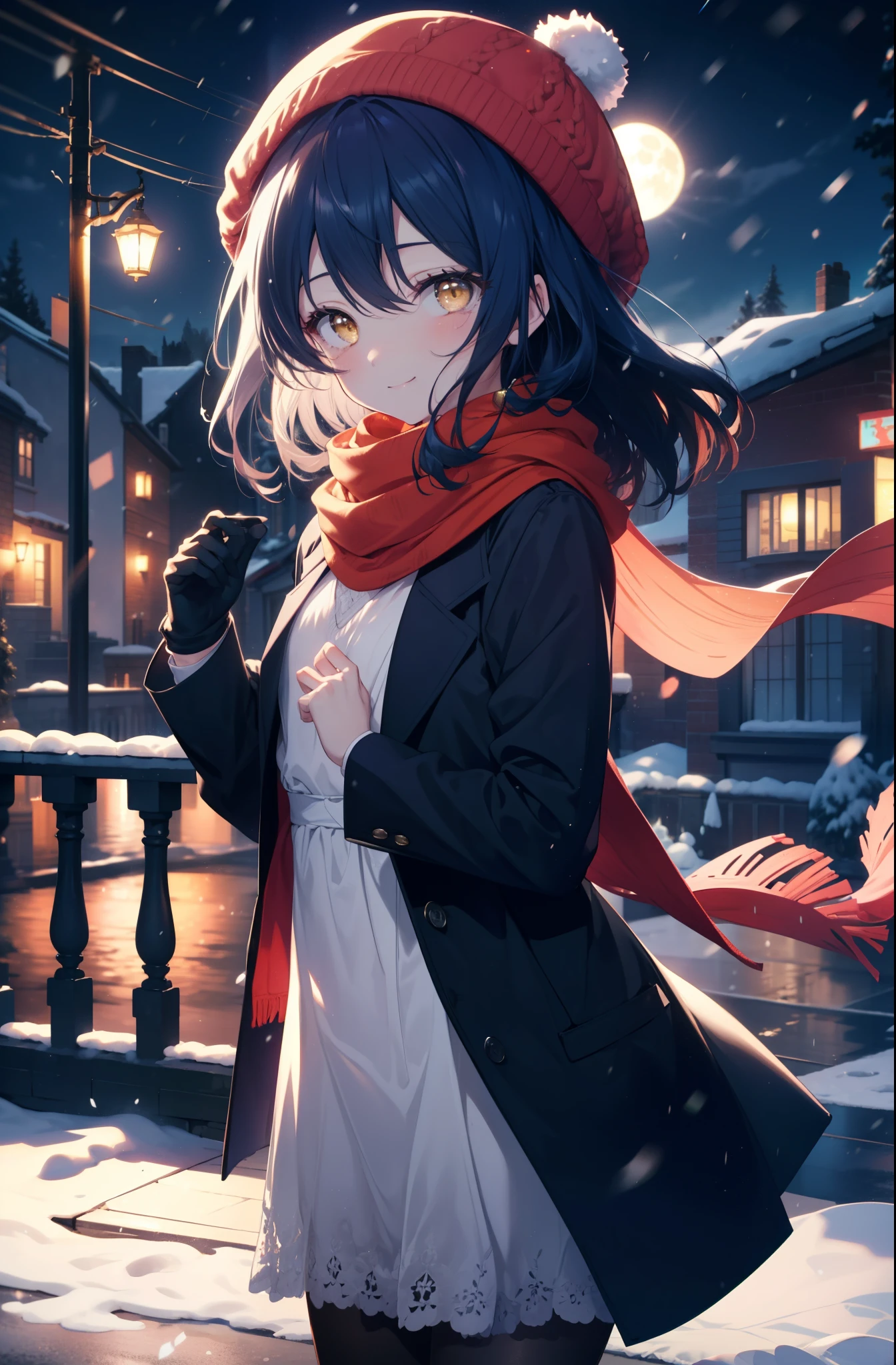 you are so kind, umi sonoda, long hair, blue hair, (yellow eyes:1.5) (flat chest:1.2),smile,blush knit hat,Blue fluffy long coat, blue fluffy gloves,sweater, long skirt,black pantyhose,short boots,red orange scarf,snow is falling,It&#39;s snowing,moon,moon光、
break looking at viewer,
break outdoors, In town,residential street,
break (masterpiece:1.2), highest quality, High resolution, unity 8k wallpaper, (figure:0.8), (detailed and beautiful eyes:1.6), highly detailed face, perfect lighting, Very detailed CG, (perfect hands, perfect anatomy),