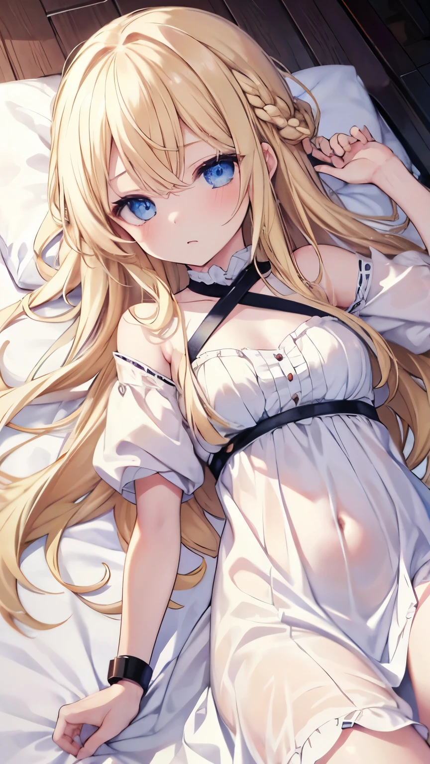 ,girl,best image quality,,blonde,,blue eyes, white skin,sleepiness,very long hair,sleeping habit,half eyes,,wet state, doll,,,Lock,restraint,small breasts,tits,shackles,first shackle,small,,,white dress,,