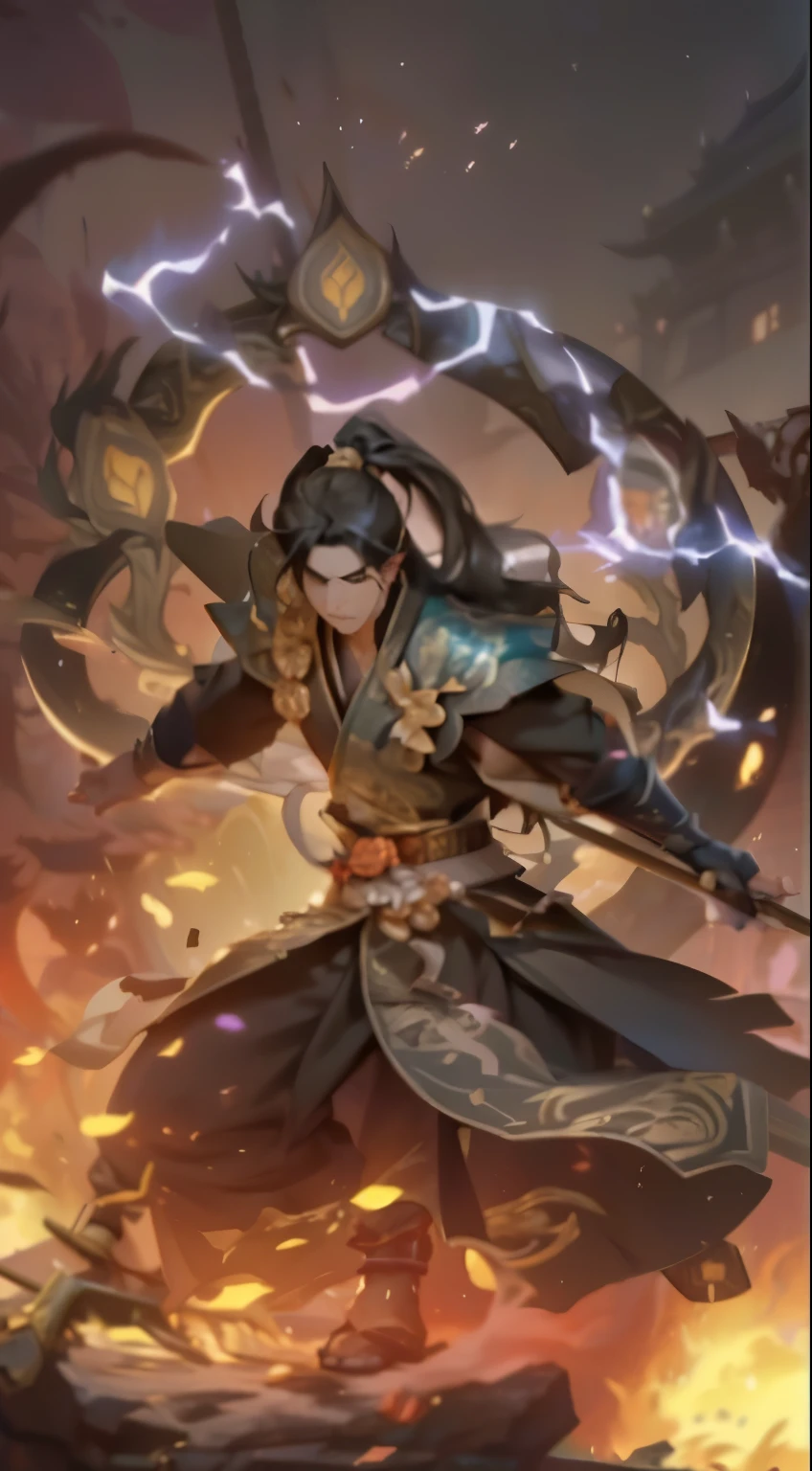 a man in a black dress holding a sword and a fire, heise jinyao, zhao yun, xianxia hero, by Yang J, inspired by Huang Shen, keqing from genshin impact, bian lian, zhongli from genshin impact, inspired by Zhao Yuan, inspired by Hu Zaobin, inspired by Guan Daosheng