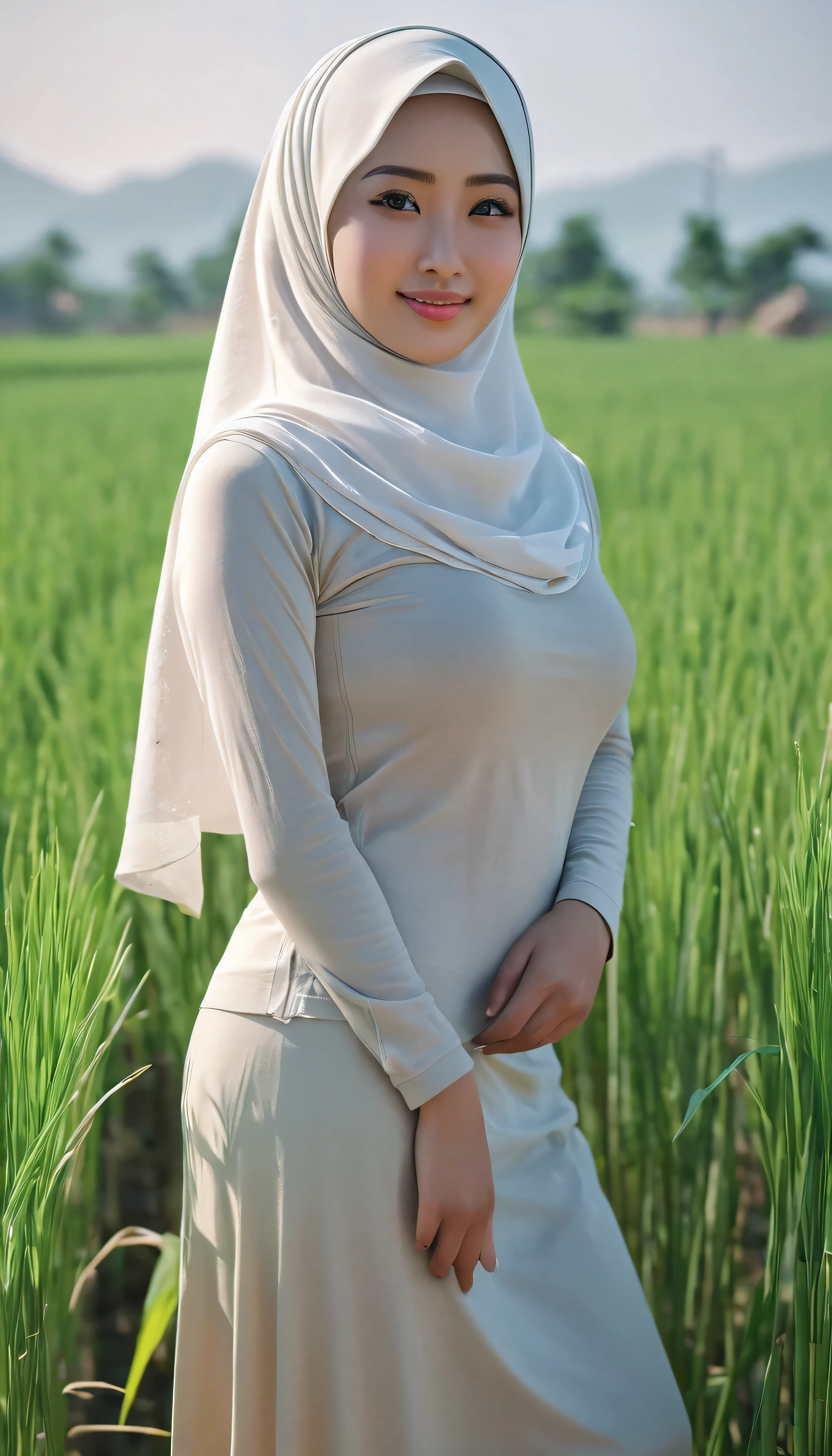 1Japanese girl, (wearing a tight long t-shirt and wearing a long skirt covering up to her feet: 1.2), (RAW photo, best quality), (realistic, photo-realistic: 1.4), masterpiece, very delicate and beautiful, very detailed, 2k wallpaper, Amazing, fine details, very detailed CG unity 8k wallpaper, very detailed, high, soft light, beautiful girl with details, very detailed eyes and face, beautiful nose details, beautiful eye details, cinematic lighting, in the middle of rice fields daytime, background view of rice fields, perfect anatomy, slim body, smile, big breasts (((beautiful girl in hijab))), very detailed face and eyes, 24 year old girl, looking at the audience, smiling, cute, full body visible, slight body fat, full butt, full thighs, standing, (8k, RAW photos, best quality, masterpiece: 1.2), highly detailed, physics-based rendering, low lighting, highly detailed face textures, raw photos, dynamic poses, highly detailed skin textures, the color of the clothes is cream, very realistic,