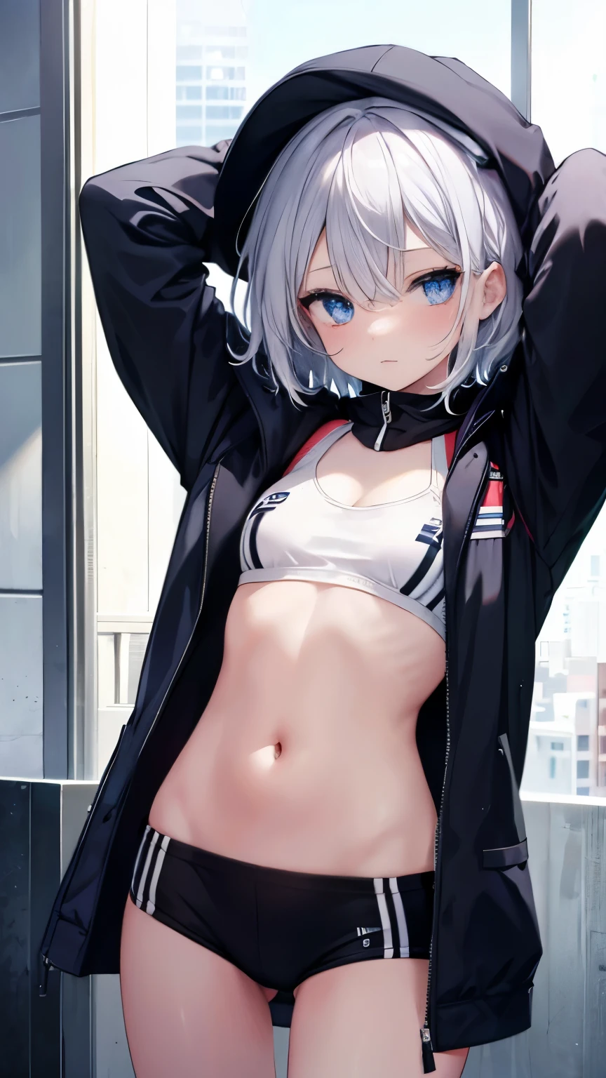 ,girl,best image quality,,silver hair,,blue eyes, white skin,sleepiness,short hair,sleeping habit,half eyes,,wet state,baby doll,,,,,small胸,tits,sportswear,duffel coat,,small,show your shoulders,belly button,