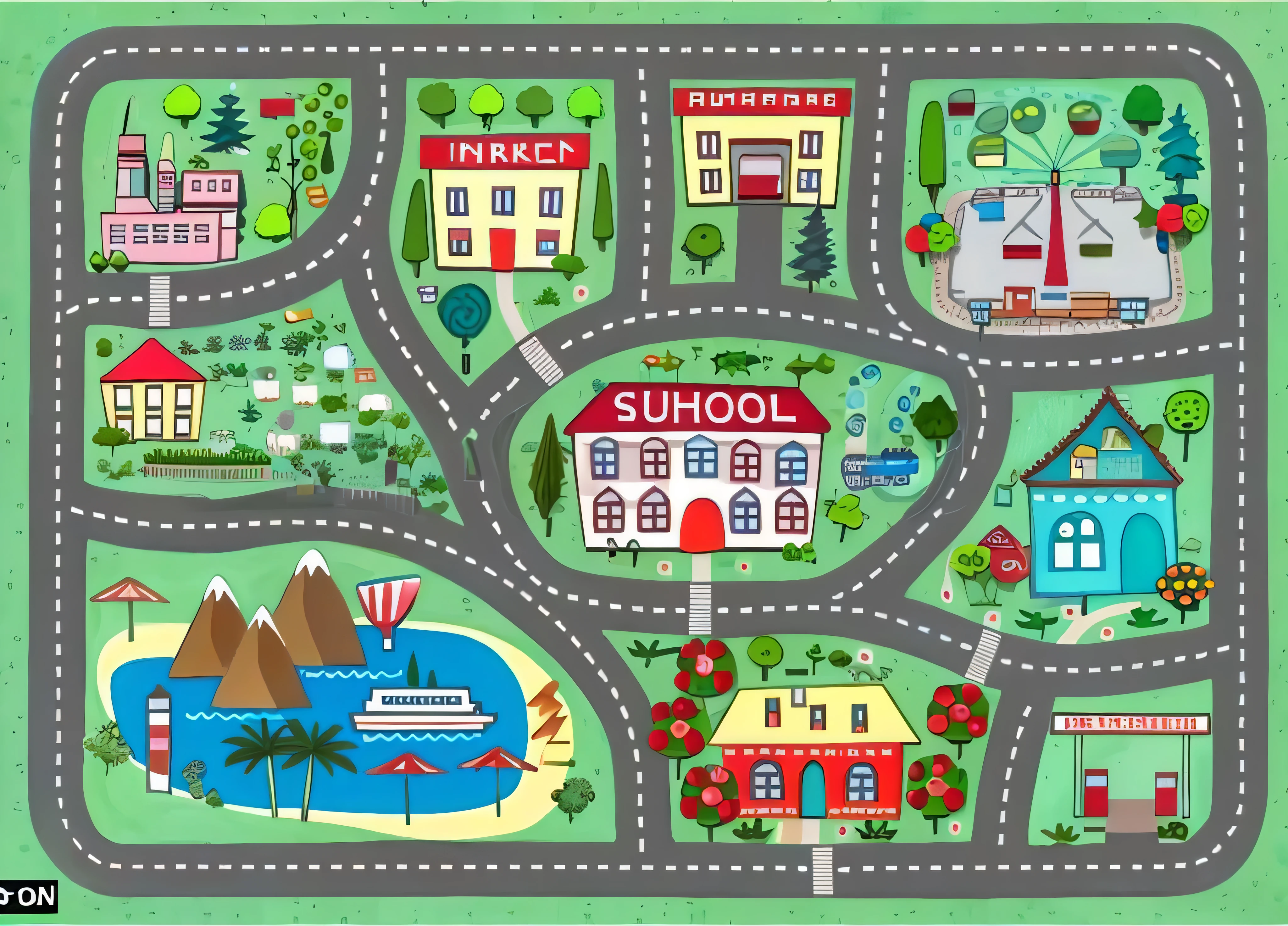 um mapa de desenho animado de uma escola com estradas e casas, Casas e estradas, cidade map, aerial view, ( terra ), pequena cidade ao redor, mapa do jogo, cidade Rua, tourist destination, detalhado dois, Beautiful high resolution, aerial view, Themed neighborhood, map, cidade, suburb, Rua life, Rua, mapa de vista superior, SF, escola, busy Ruas