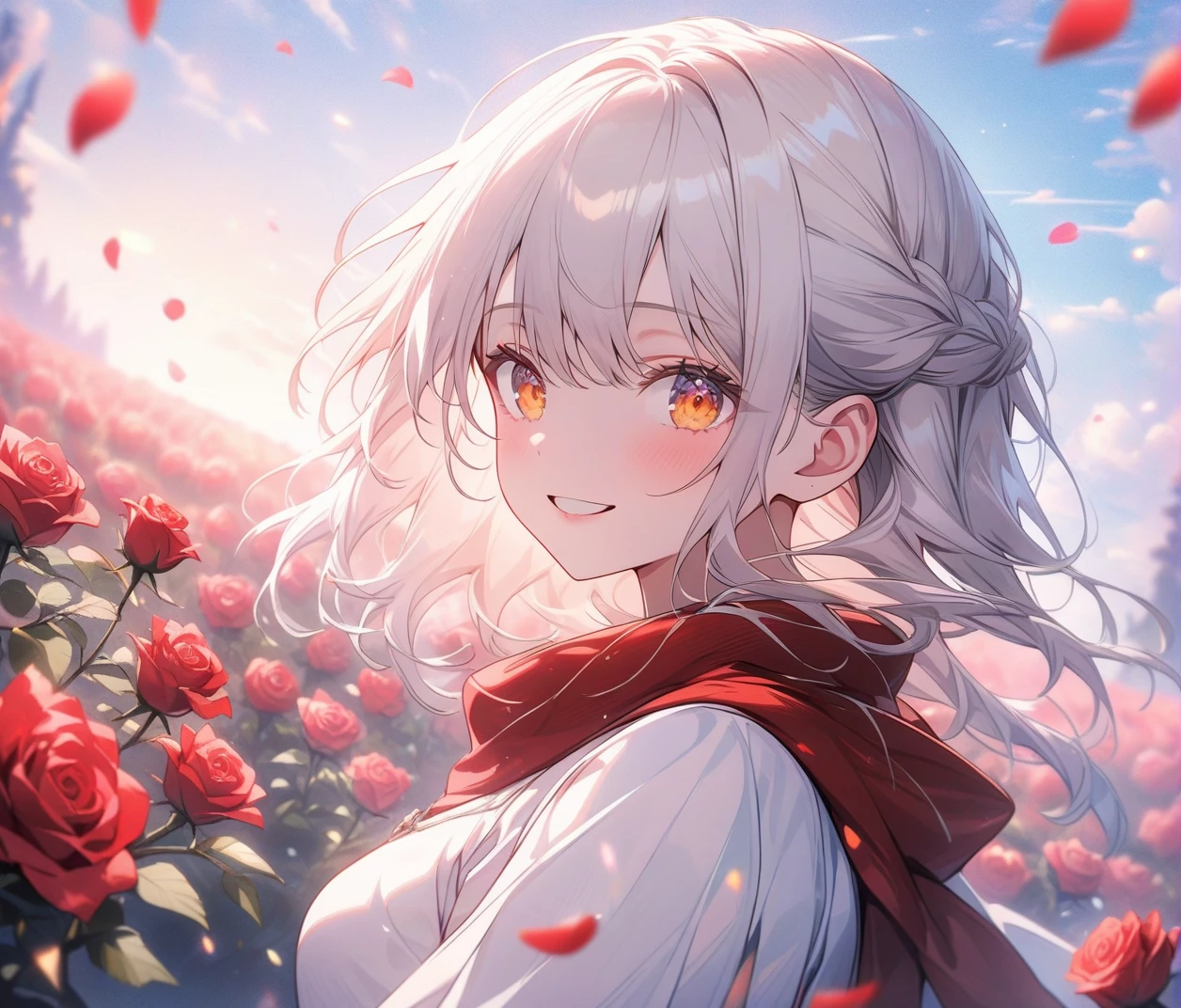 Vista, Panorama, Perspective, Depth of Field, Bust, Upper Body, Cinematic Angle, Masterpiece, Best Quality, Ultra Detailed, CG, 8K Wallpaper, Beautiful Face, Delicate Eyes, A Maiden, Solo, Smile, Silver Hair, Golden Eyes, Fair Skin, Hair Strands, Red Scarf, White Evening Dress, Rose Field, Red Flowers, Roses, Flower Field, Petals, Flying Petals, Smiling